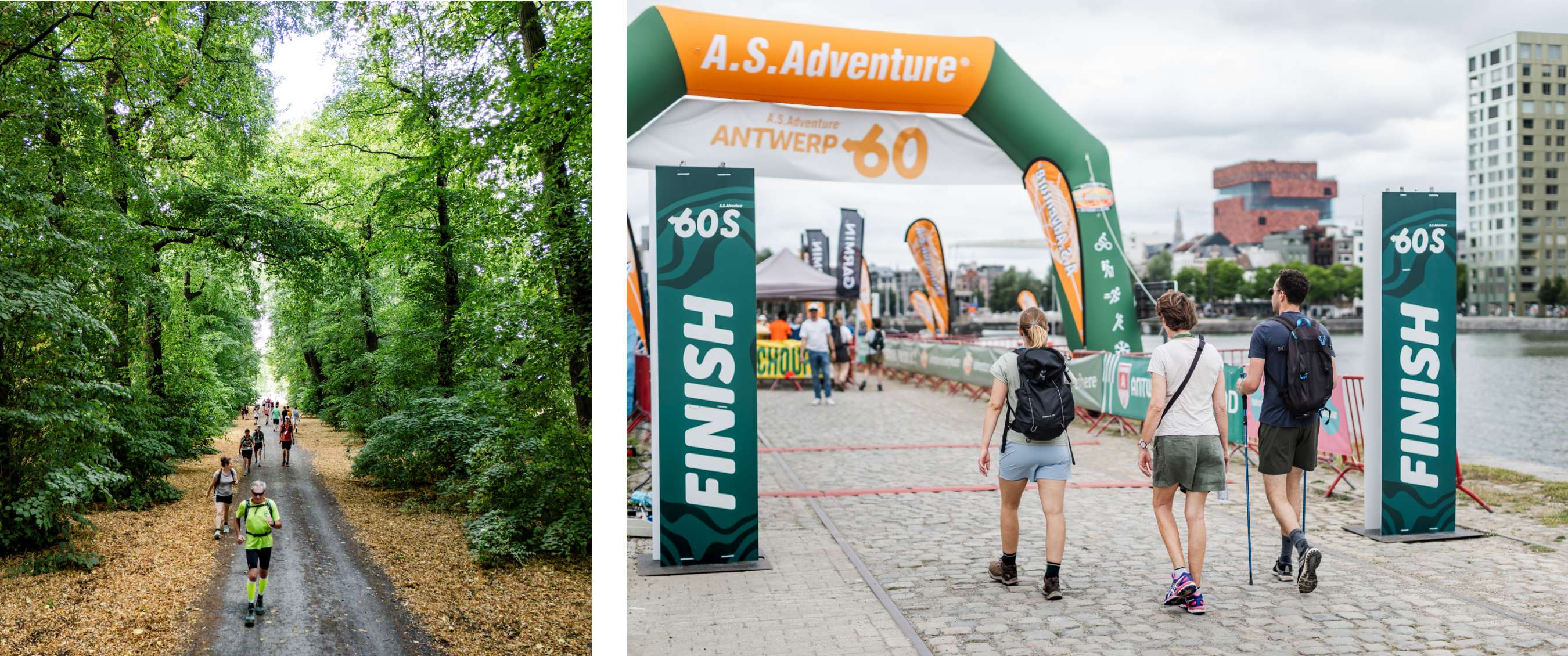 Twee beelden: Wandelaars op breed bospad met hoge bomen; deelnemers wandelen onder finishboog “A.S.Adventure Antwerp 60” aan het water.