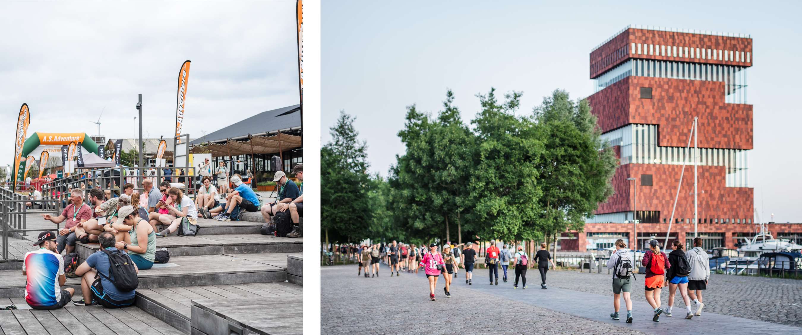Twee beelden: Deelnemers rusten op houten trappen bij evenement met “A.S.Adventure”-vlaggen; groep wandelaars langs het MAS in Antwerpen.