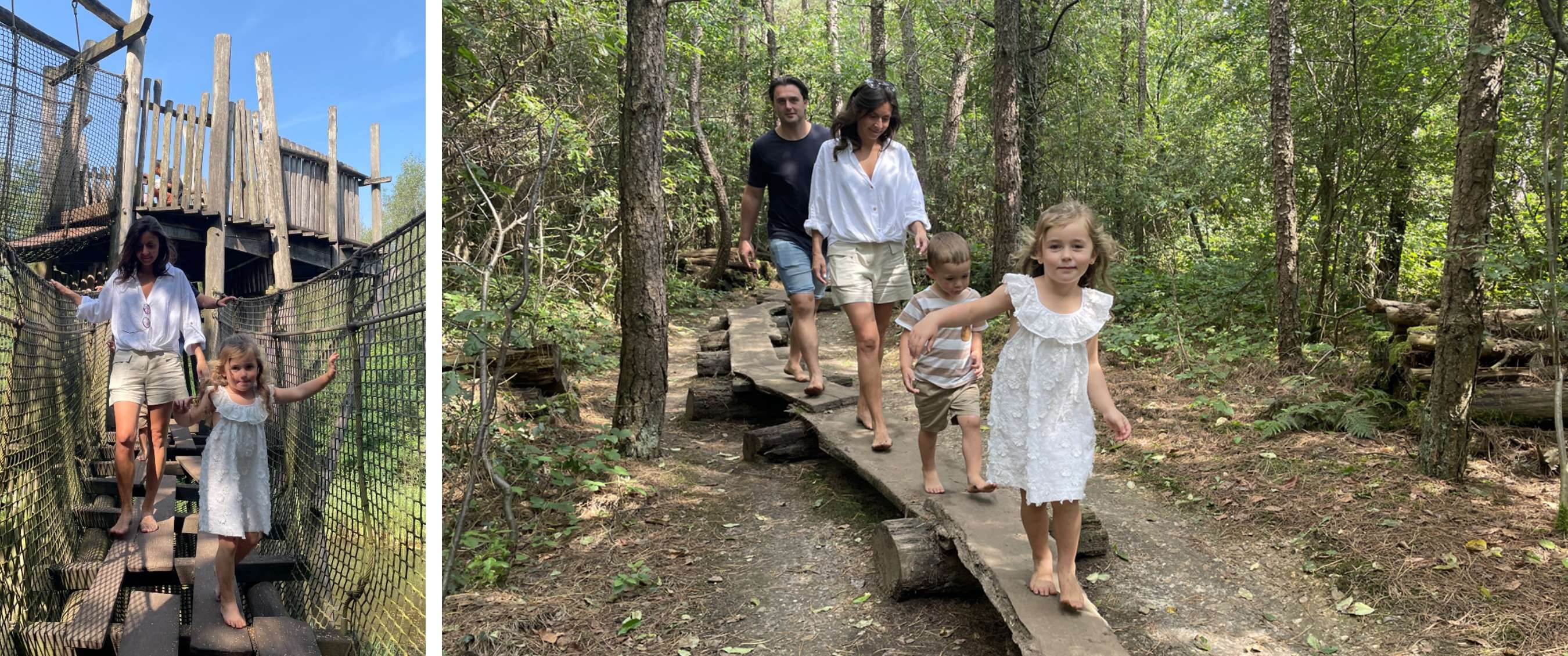 Twee volwassenen en twee kinderen wandelen blootsvoets over houten planken in het bos.