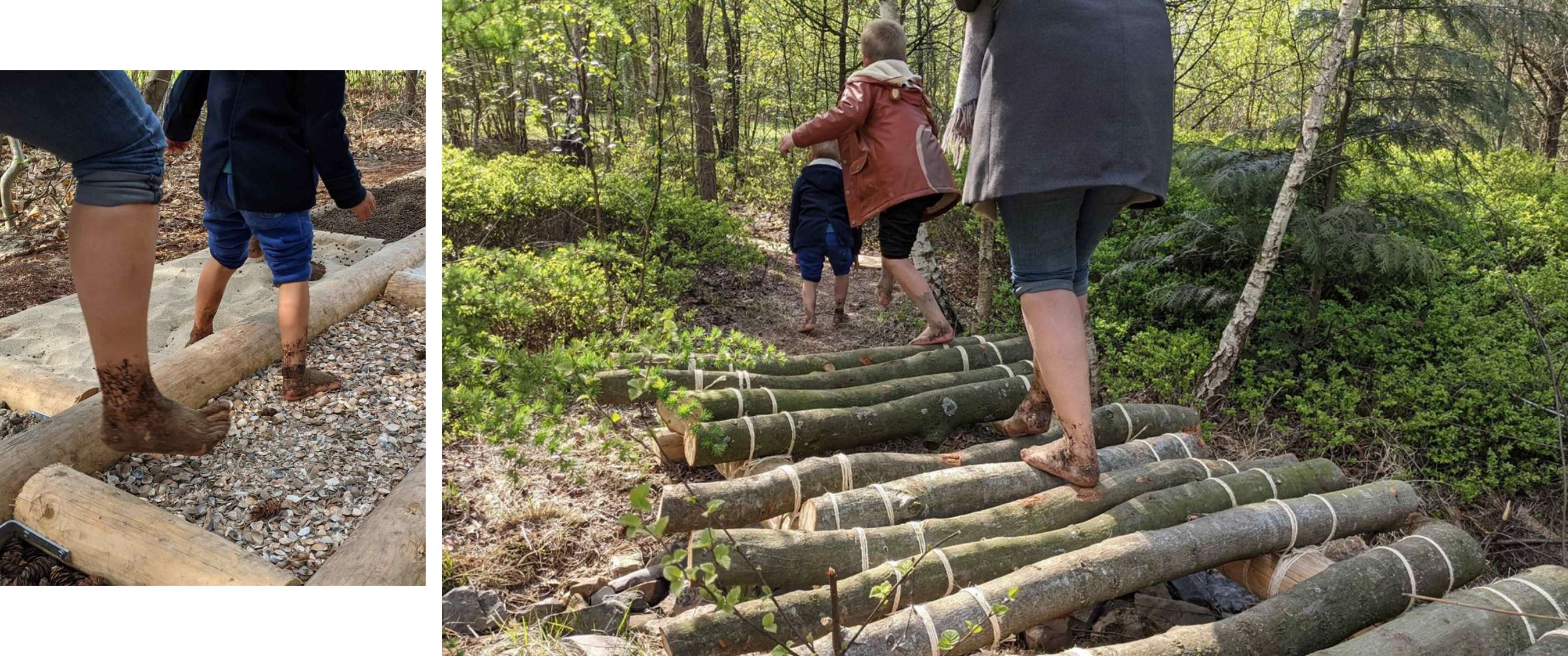 Blootsvoetse wandelaars volgen een parcours van vastgebonden boomstammen tussen de bomen.
