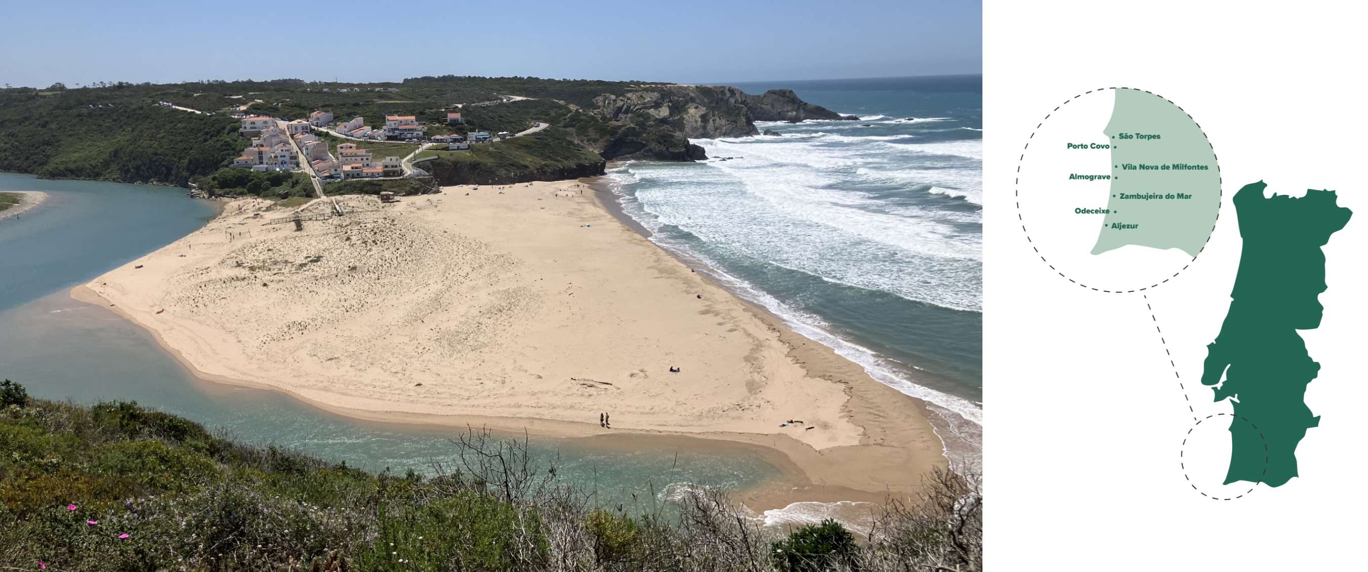 Twee beelden: kuststrand bij helder weer en kaartdetail met São Torpes, Almograve en Aljezur.