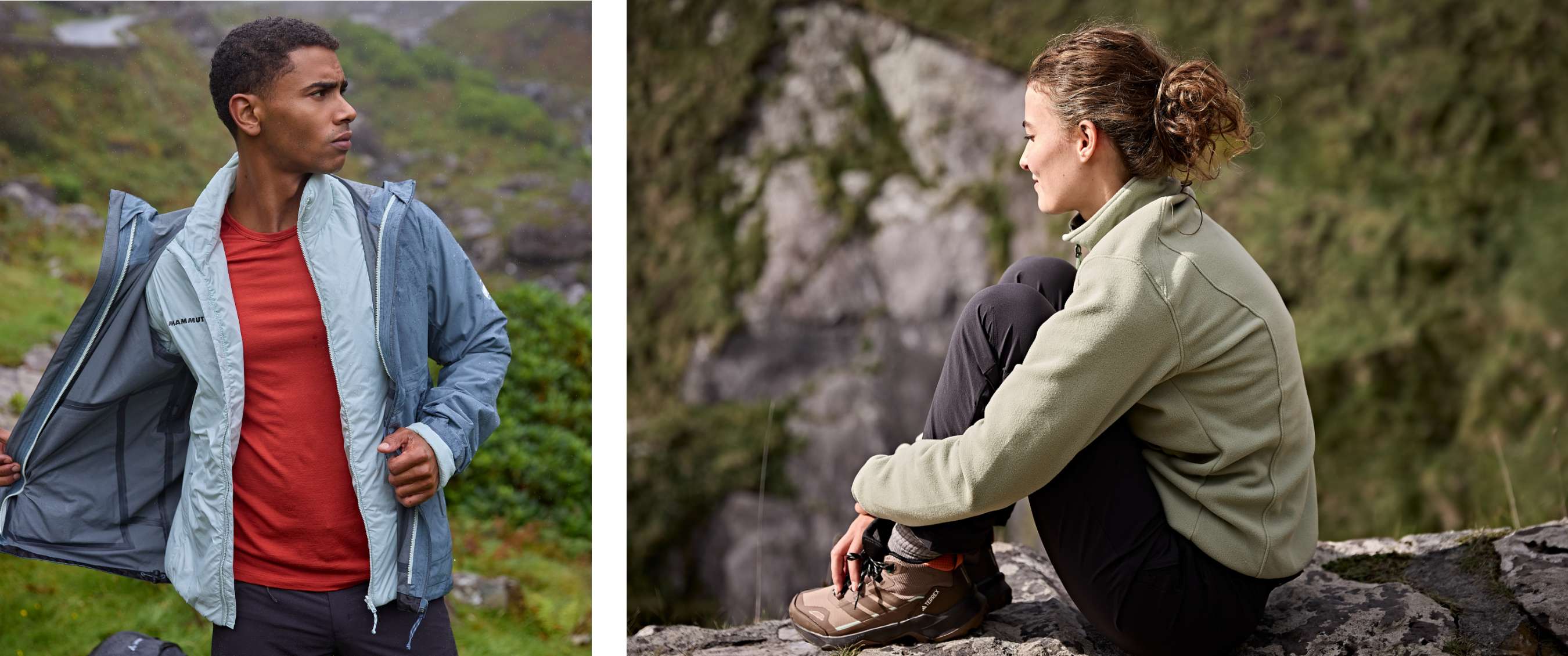 Twee beelden: Man toont open jas in heuvelachtig terrein. Vrouw zit op rots met wandelschoenen in bergomgeving.