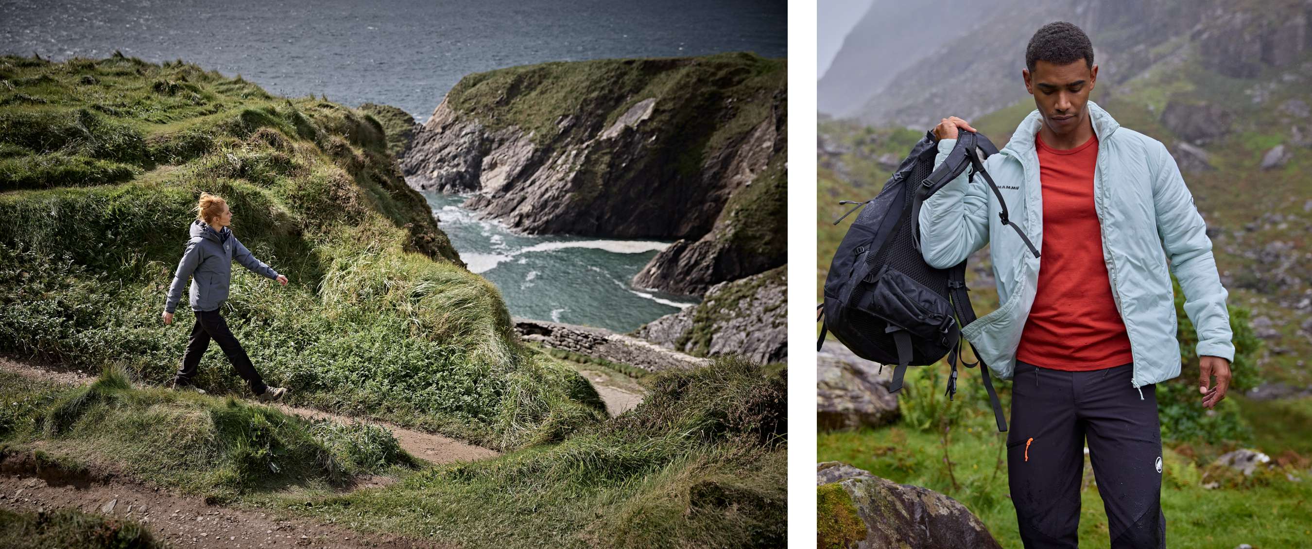 Twee beelden: Vrouw wandelt op smal klifpad langs zee. Man met rugzak in lichtblauwe jas op rotsachtig terrein.