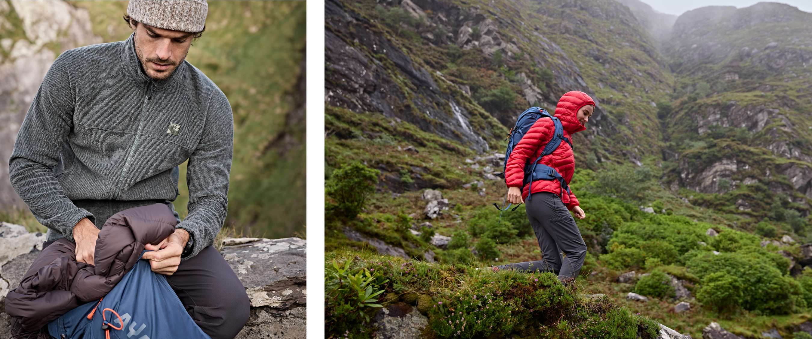 Twee beelden: man stopt jas in rugzak; vrouw wandelt met rugzak in groen berglandschap.