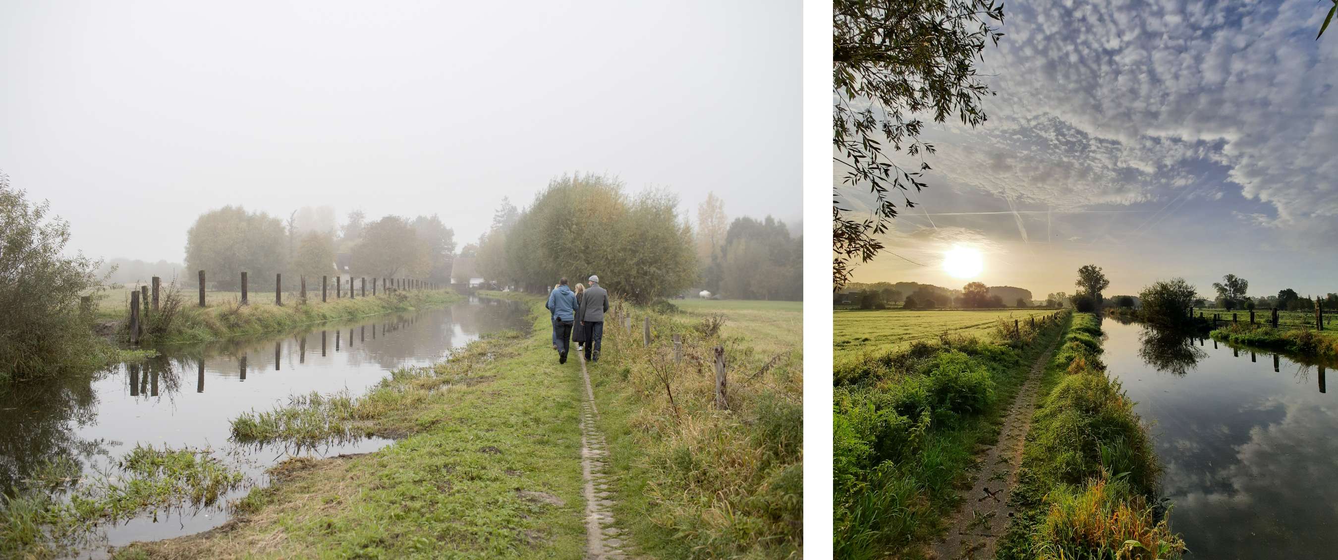 Twee beelden: twee personen wandelen langs een rustige waterloop; ochtendzon boven een pad langs een kanaal.