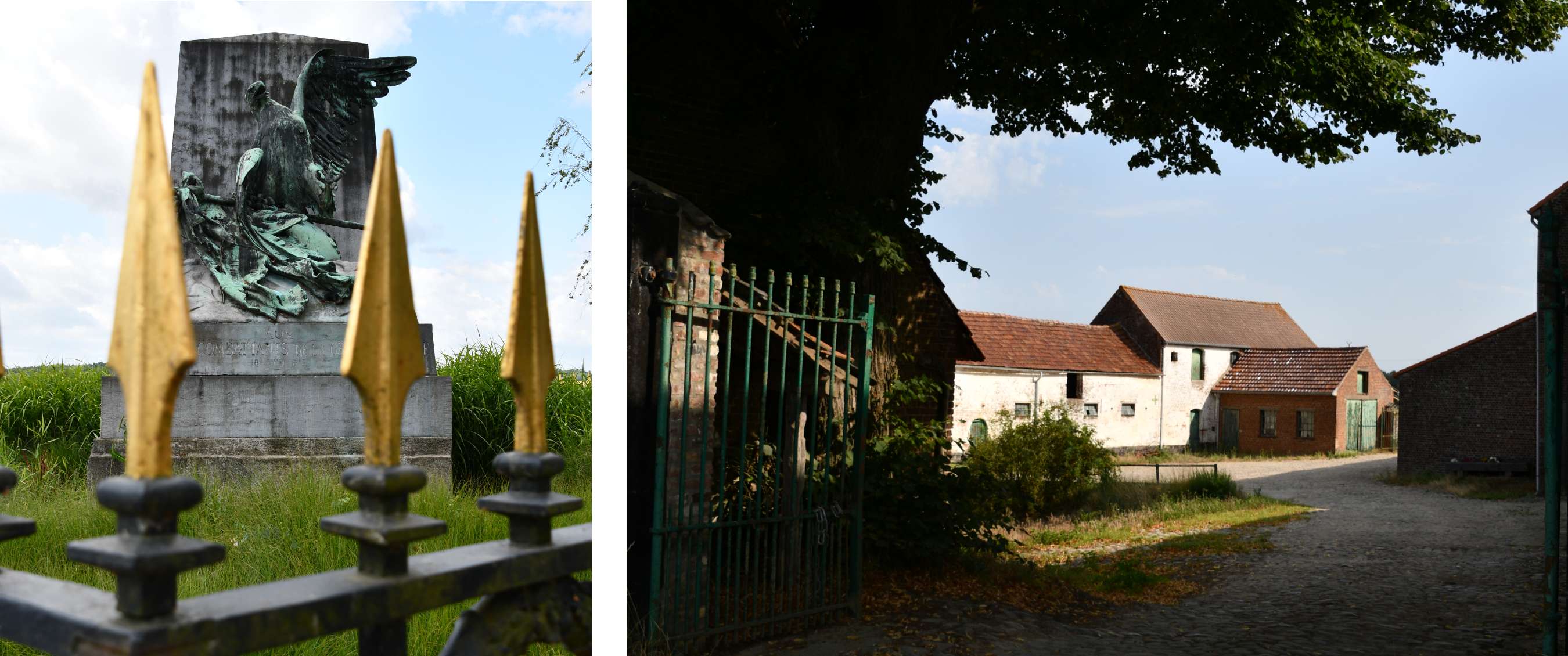 Twee beelden: standbeeld op een stenen sokkel achter een hek; boerderijgebouwen rond een binnenplaats.
