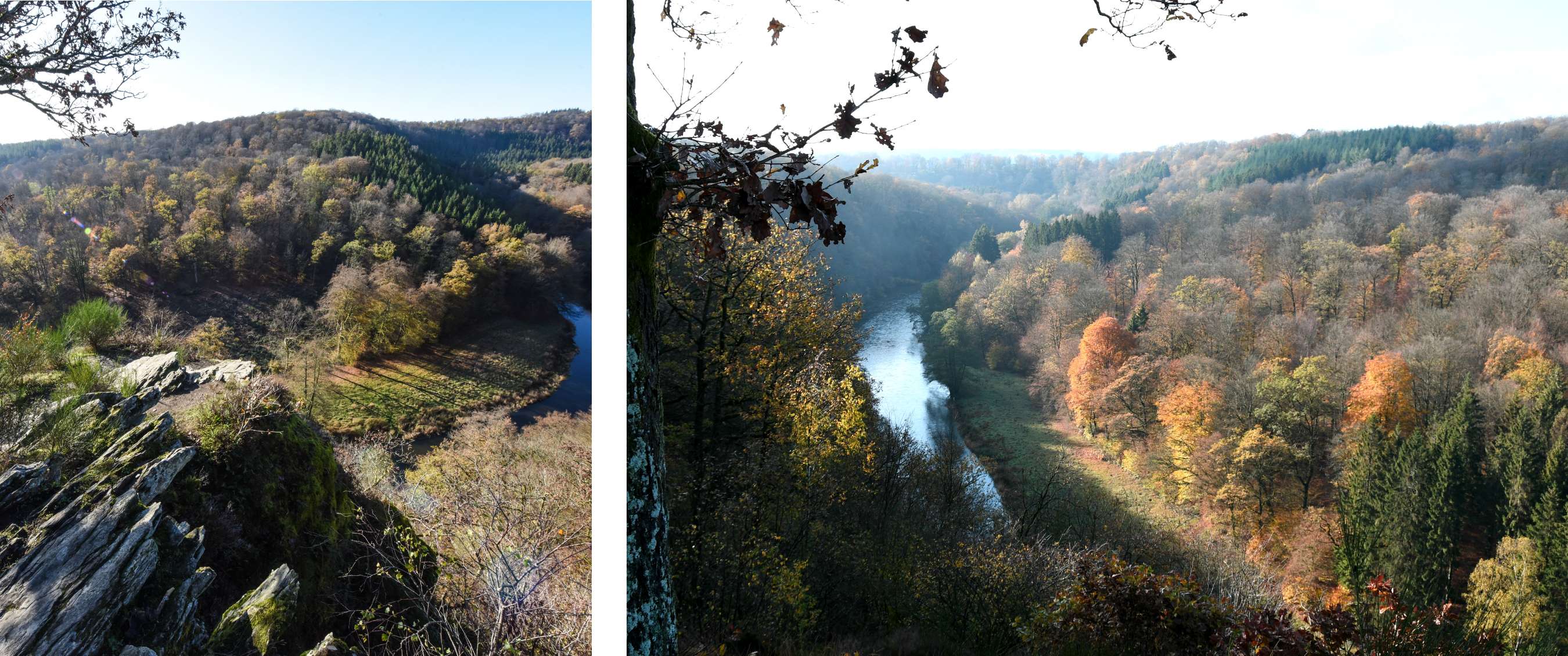 Twee beelden: rotsachtig uitzichtpunt boven een beboste vallei; rivier door een herfstbos gezien van boven.