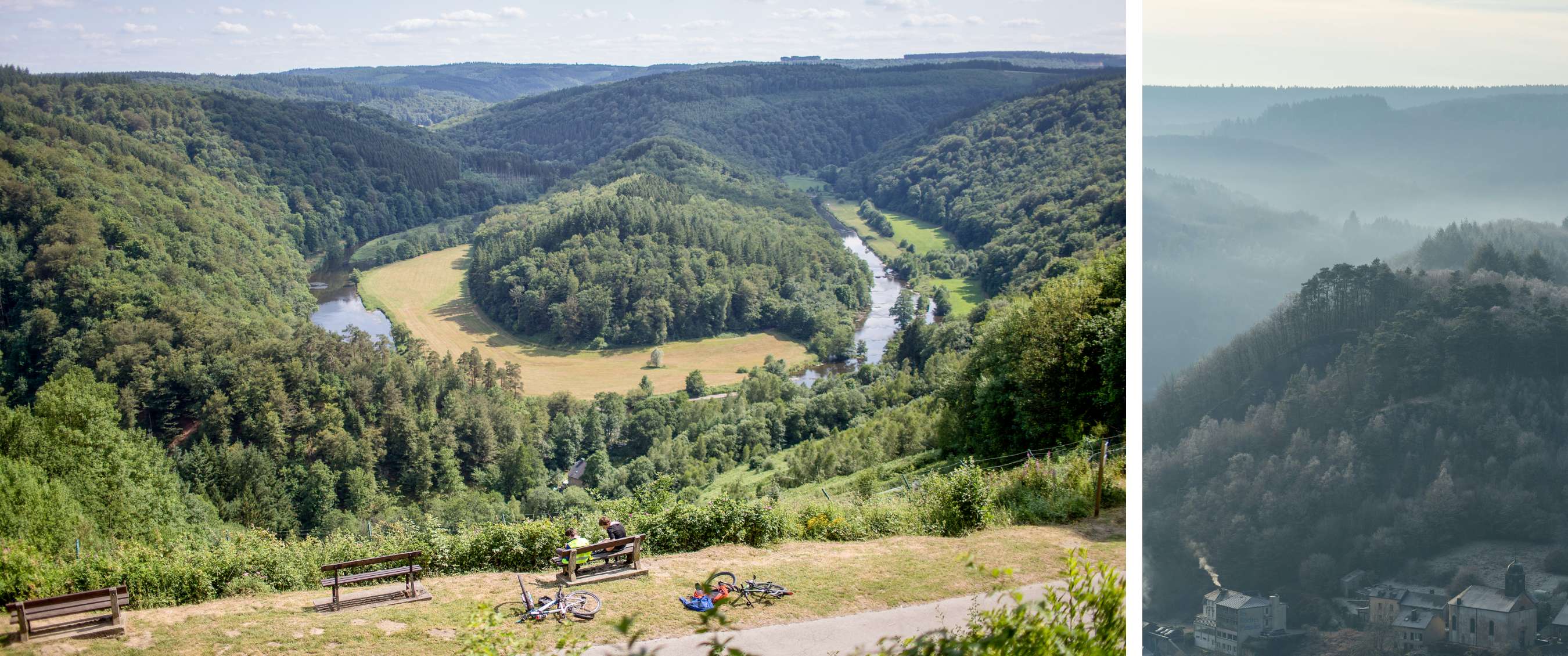 Twee beelden: groen valleilandschap met banken en mistig uitzicht over beboste heuvels.