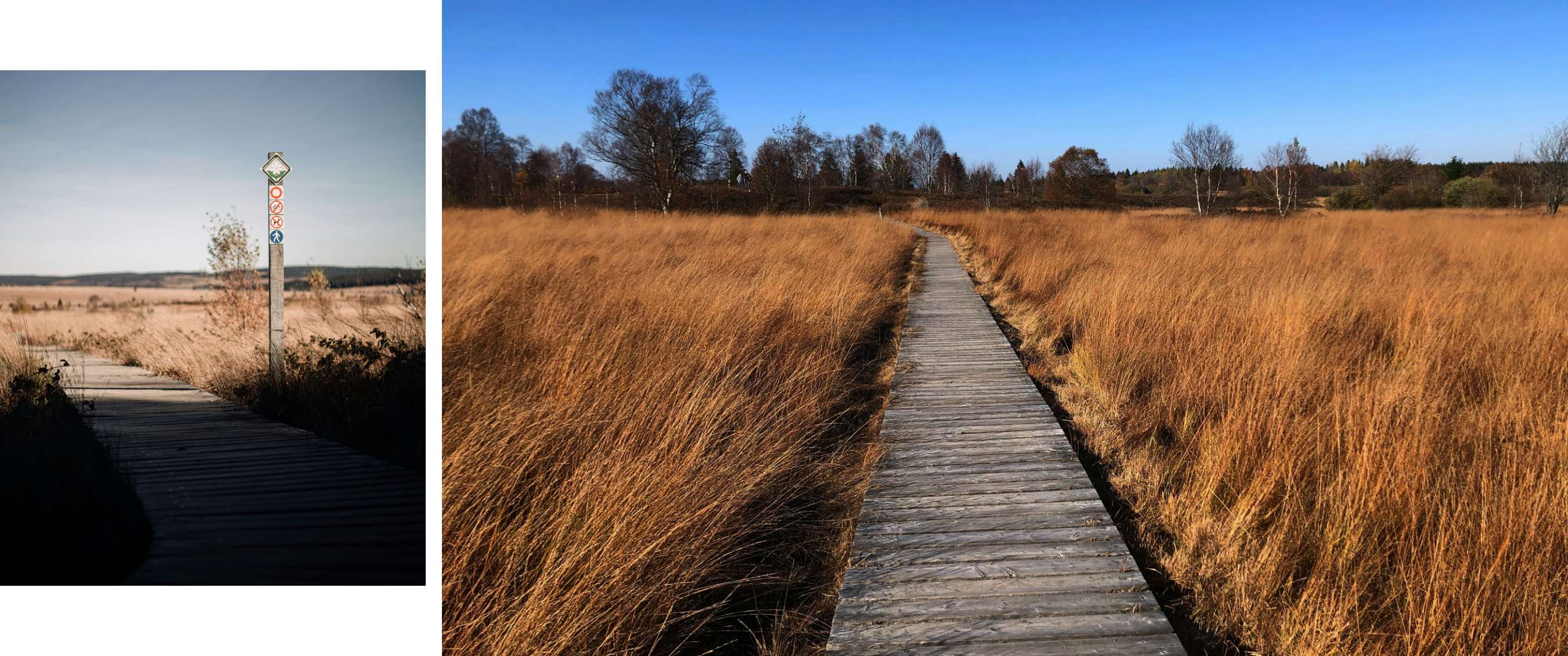 Twee beelden: wandelbord naast vlonderpad en houten pad door droog gras onder blauwe lucht.