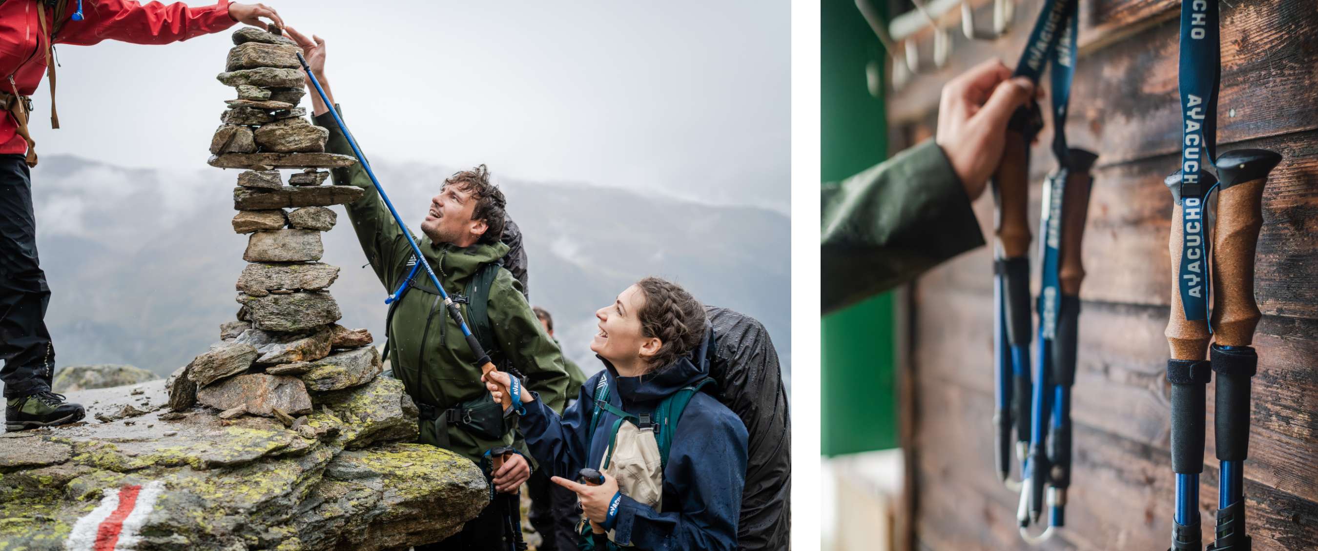 Twee beelden: Drie wandelaars stapelen stenenetsen op een bergtop met trekkingstokken, rechts close-up van Ayacucho trekkingstokken die aan een houten wand hangen.