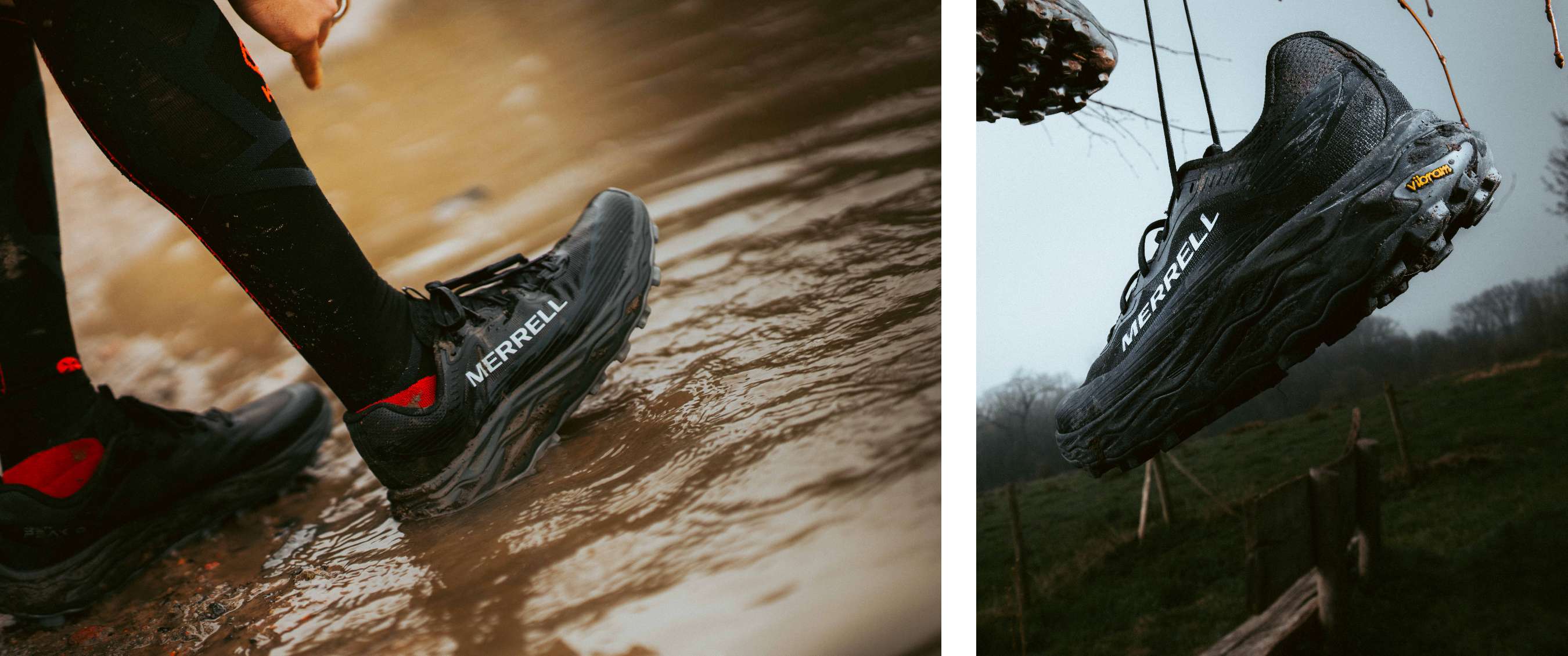 Twee beelden: zwarte Merrell-schoen stapt door een plas; close-up van schoen in de lucht boven een veld.