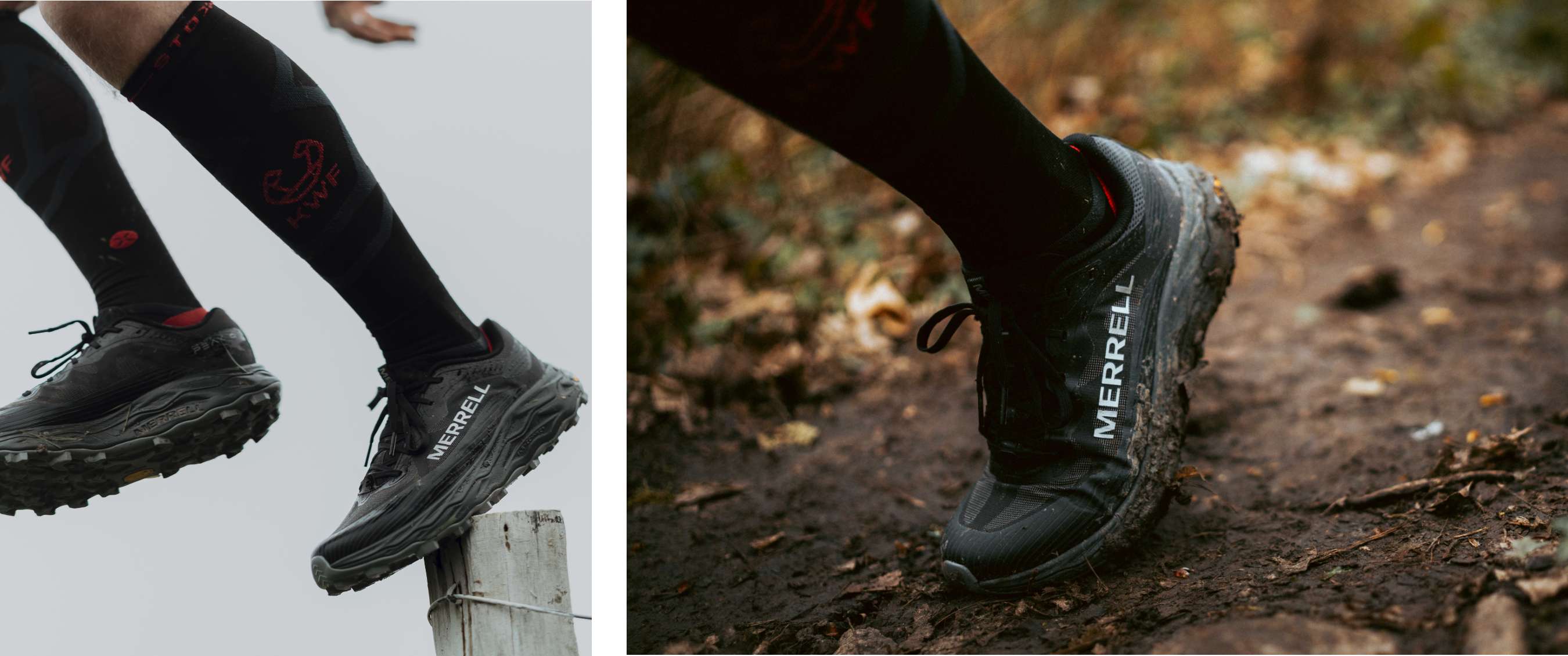 Twee beelden: Merrell-schoen balanceert op een paaltje; modderige Merrell-schoen op een onverhard pad.