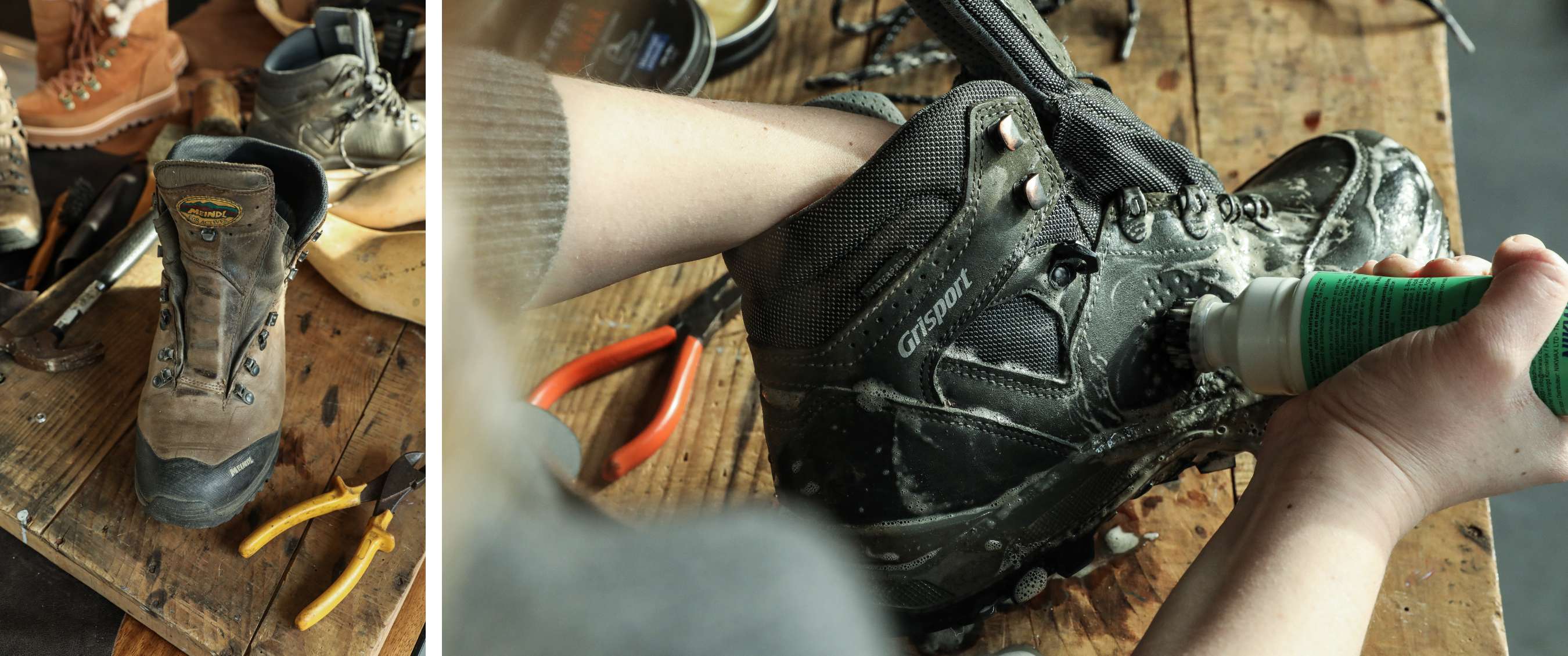 Een persoon reinigt een Grisport-wandelschoen met een borstelapplicator op een houten werkbank.