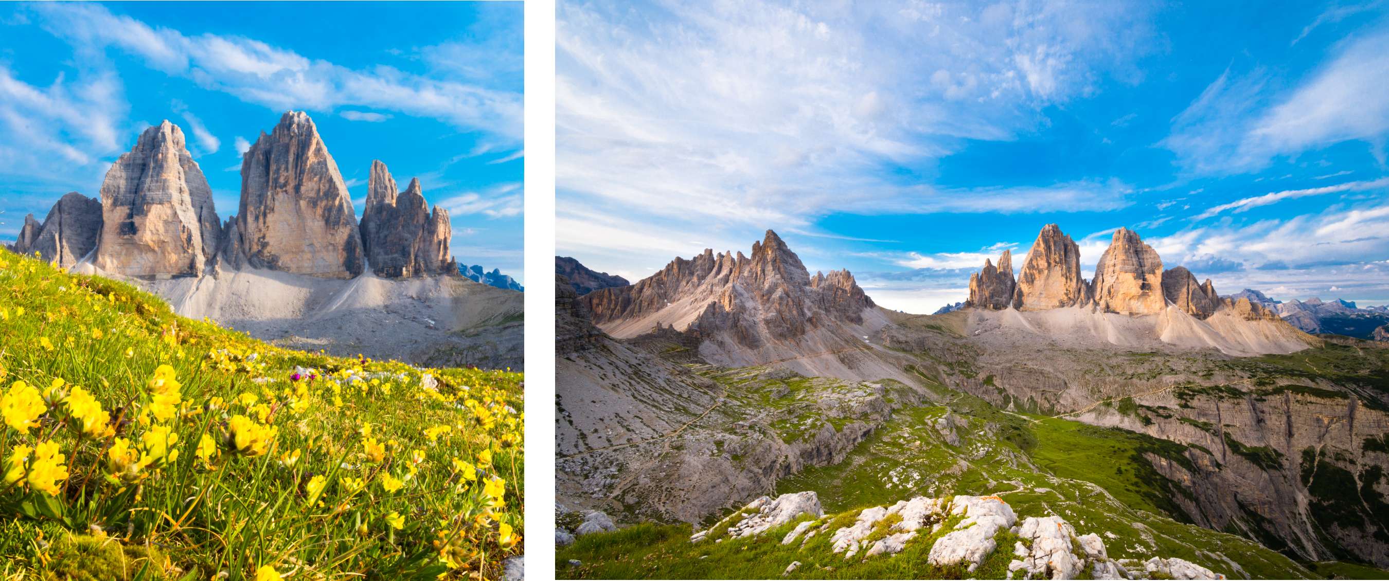 Twee beelden: gele bloemen voor de Drei Zinnen; bergpanorama met de Drei Zinnen onder blauwe lucht
