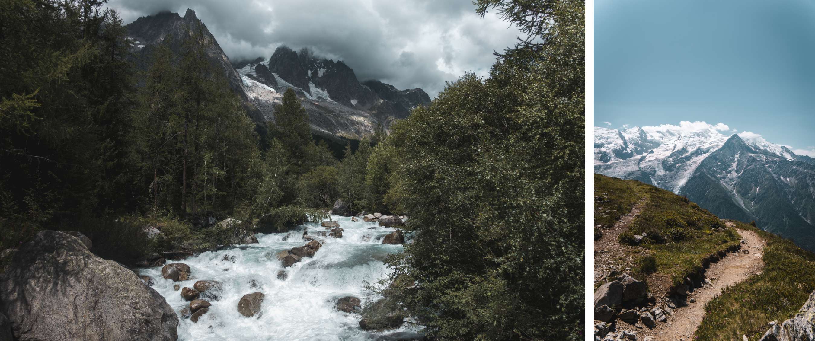 Twee beelden: woeste bergrivier onder donkere wolken en smal pad langs besneeuwde bergen.