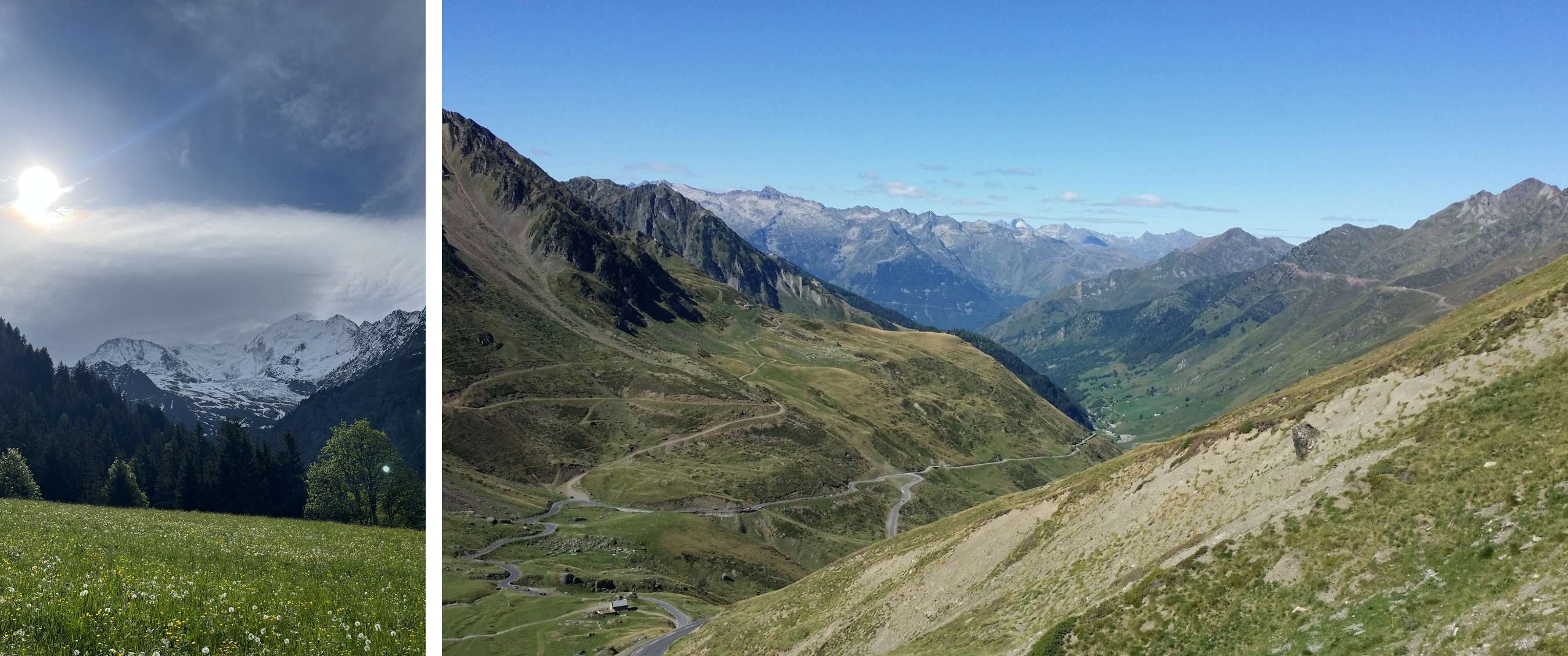Twee beelden: berglandschap met felle zon en panoramisch zicht op kronkelende weg.