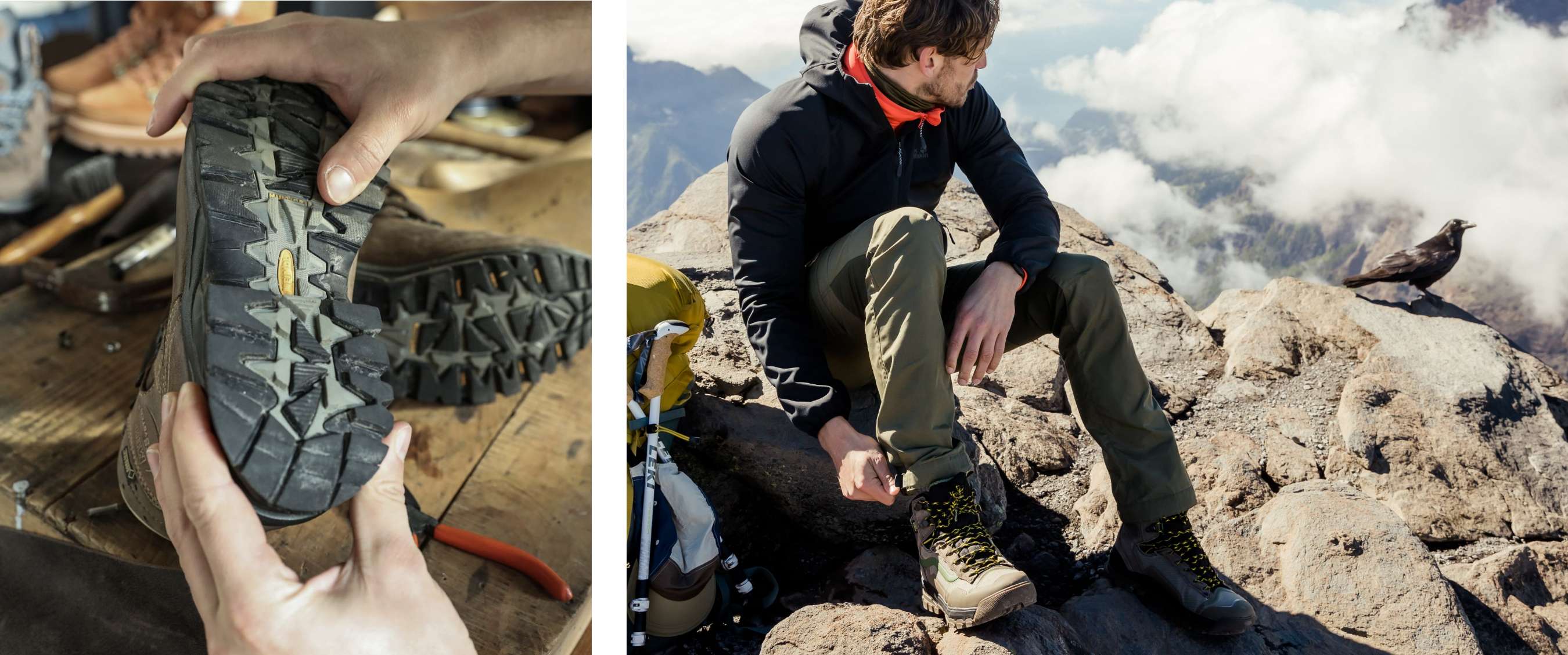 Twee beelden: Close-up van profielzool van wandelschoen; man met wandelschoenen op rotsachtige bergtop.