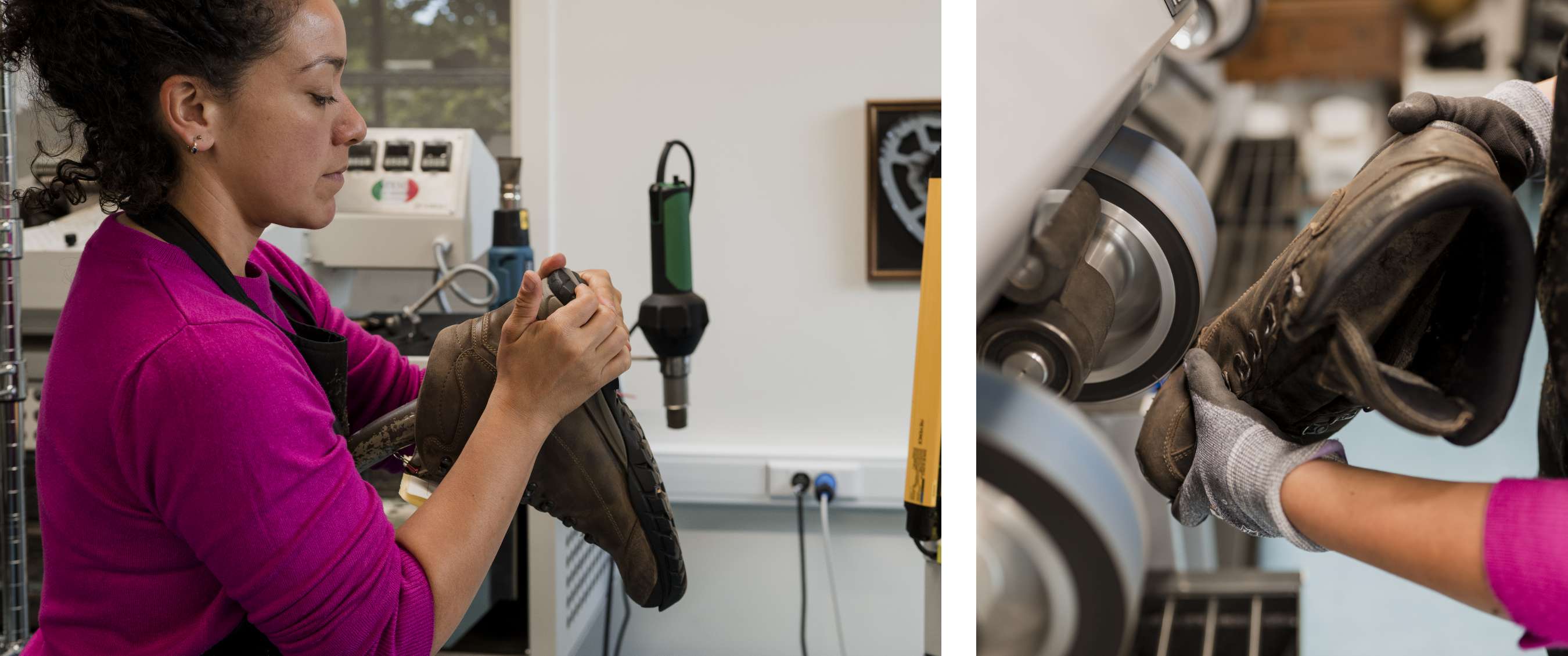 Twee beelden: Controle van wandelschoen in atelier; detail van schoen die machinaal wordt afgewerkt.