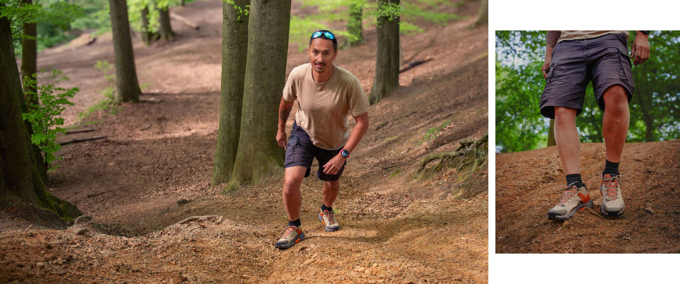 Twee beelden: wandelaar loopt op bospad; close-up van wandelschoenen op een zanderige ondergrond.