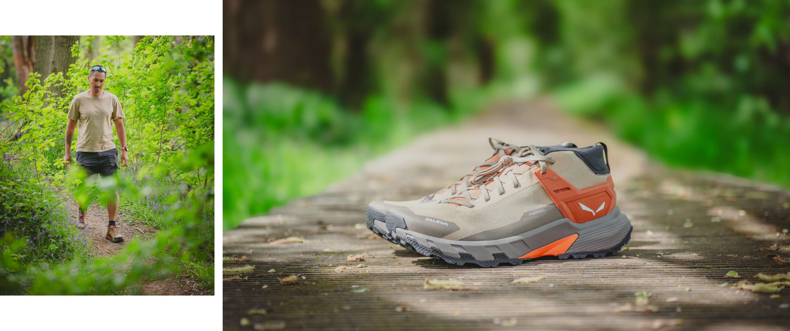 Twee beelden: wandelaar op groen bospad; wandelschoen staat scherp op een houten pad.