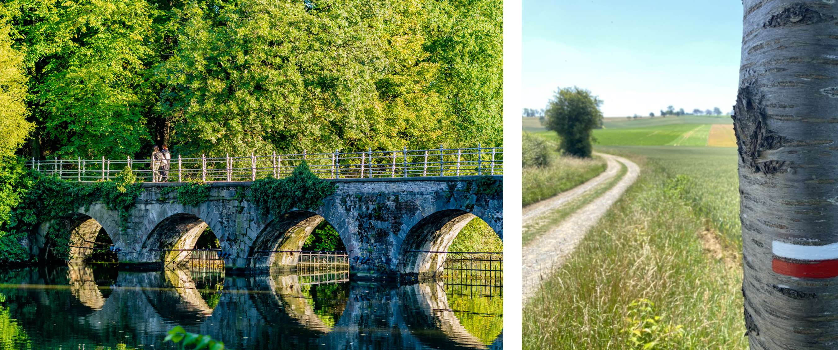 Twee beelden: stenen boogbrug over rustig water met wandelaars en groen loof, en onverharde veldweg door open landschap met een boom met routeaanduiding.