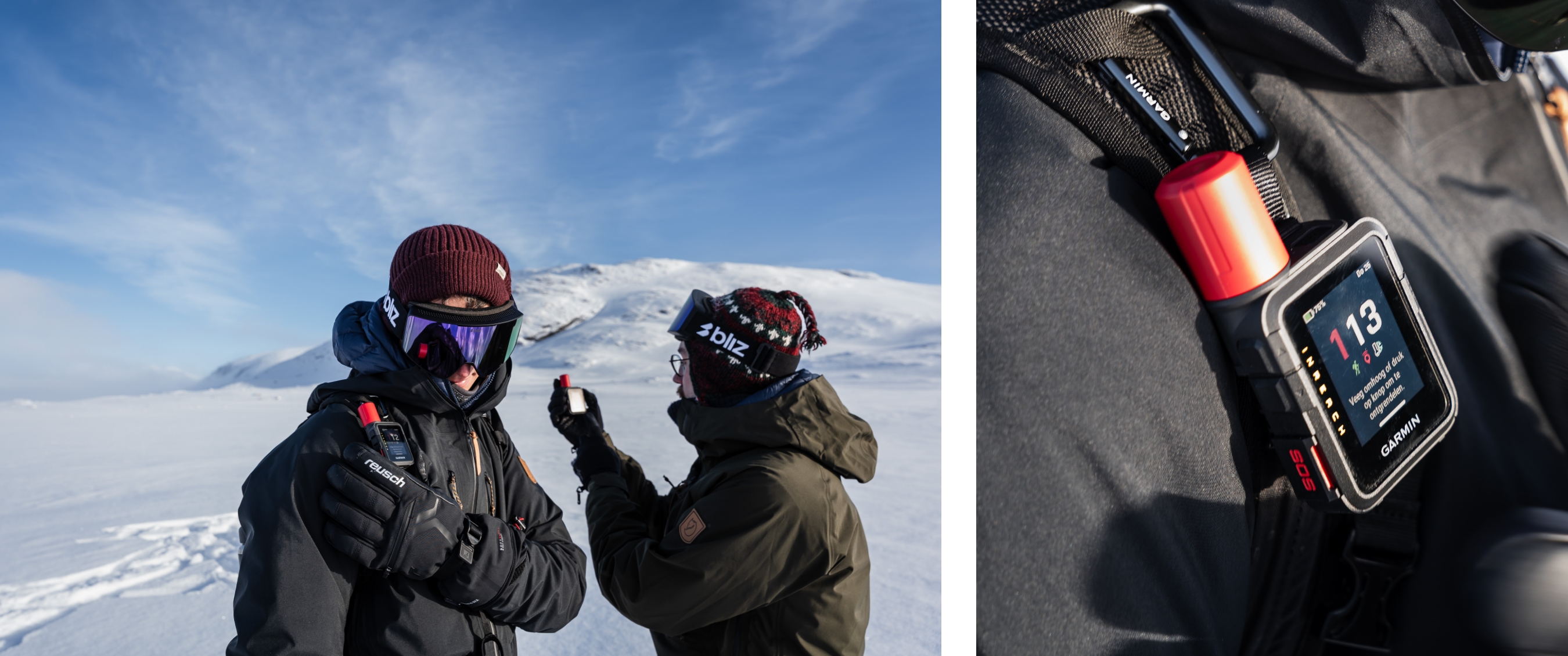 Twee beelden: wintersporters tonen outdooruitrusting in besneeuwd landschap; close-up van Garmin en Reusch.