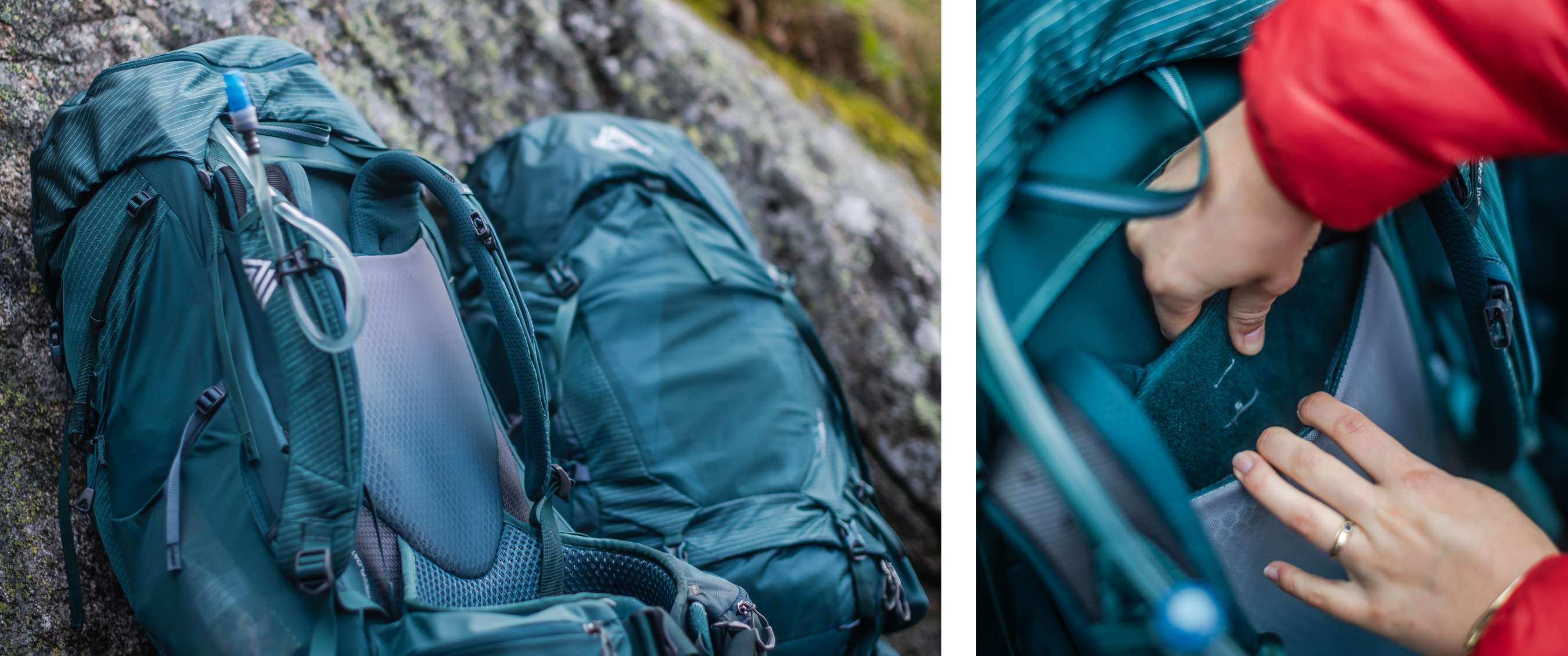Twee beelden: wandelrugzakken liggen tegen een rots; handen passen de gevoerde heupriem aan.