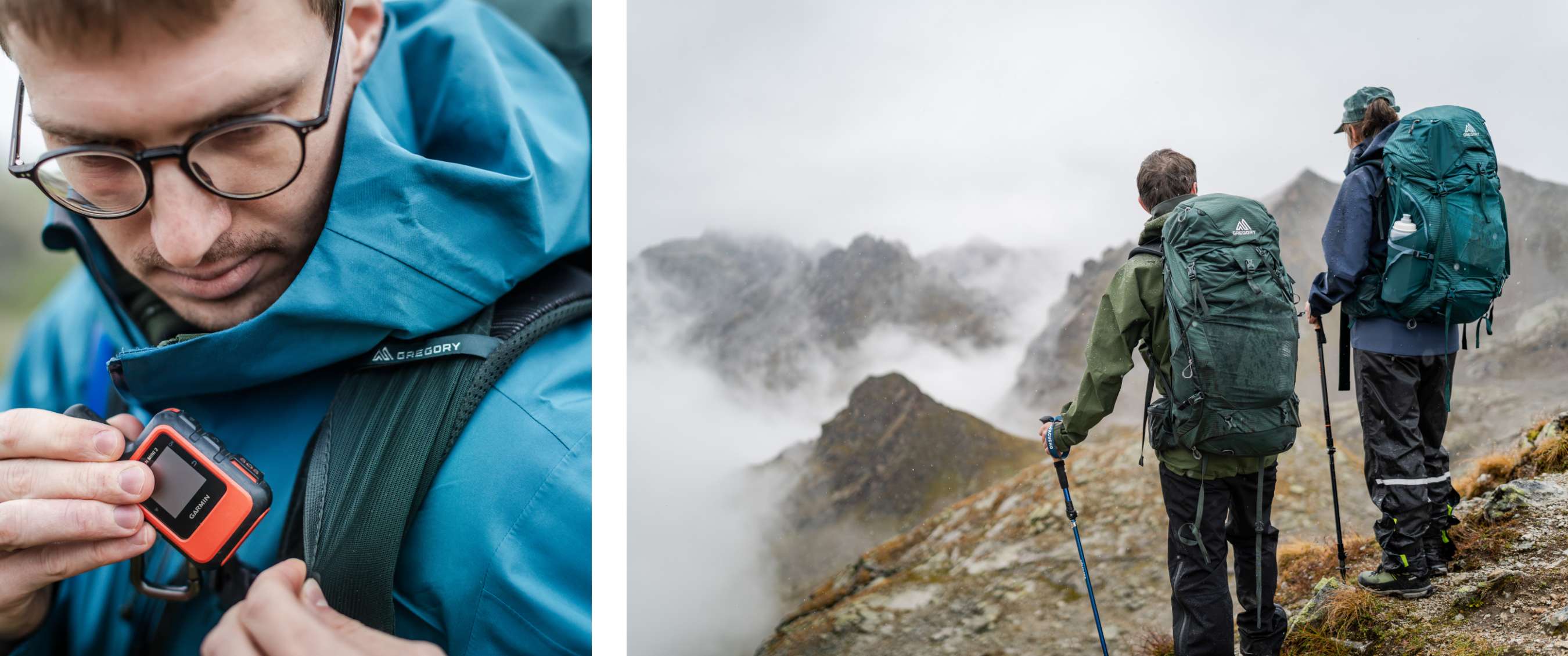 Twee beelden: close-up van gps in de hand; twee wandelaars met rugzakken bij bergtop.