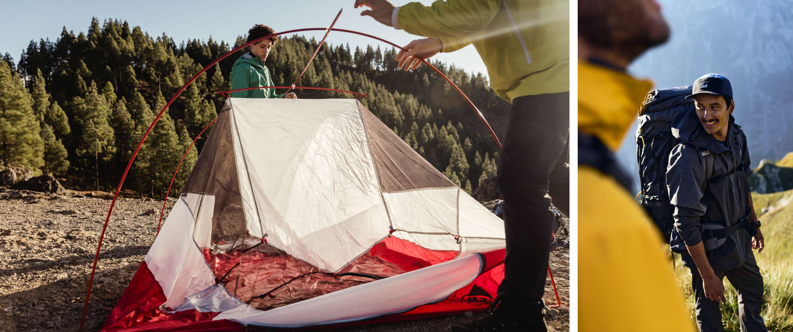 Twee beelden: persoon zet een tent op en wandelaar met rugzak in berglandschap.