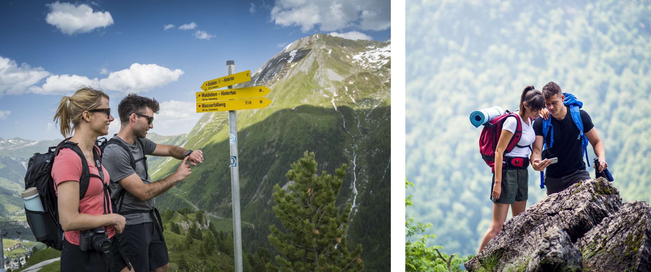 Twee beelden: twee wandelaars controleren horloge bij bewegwijzering en twee personen raadplegen smartphone op bergpad