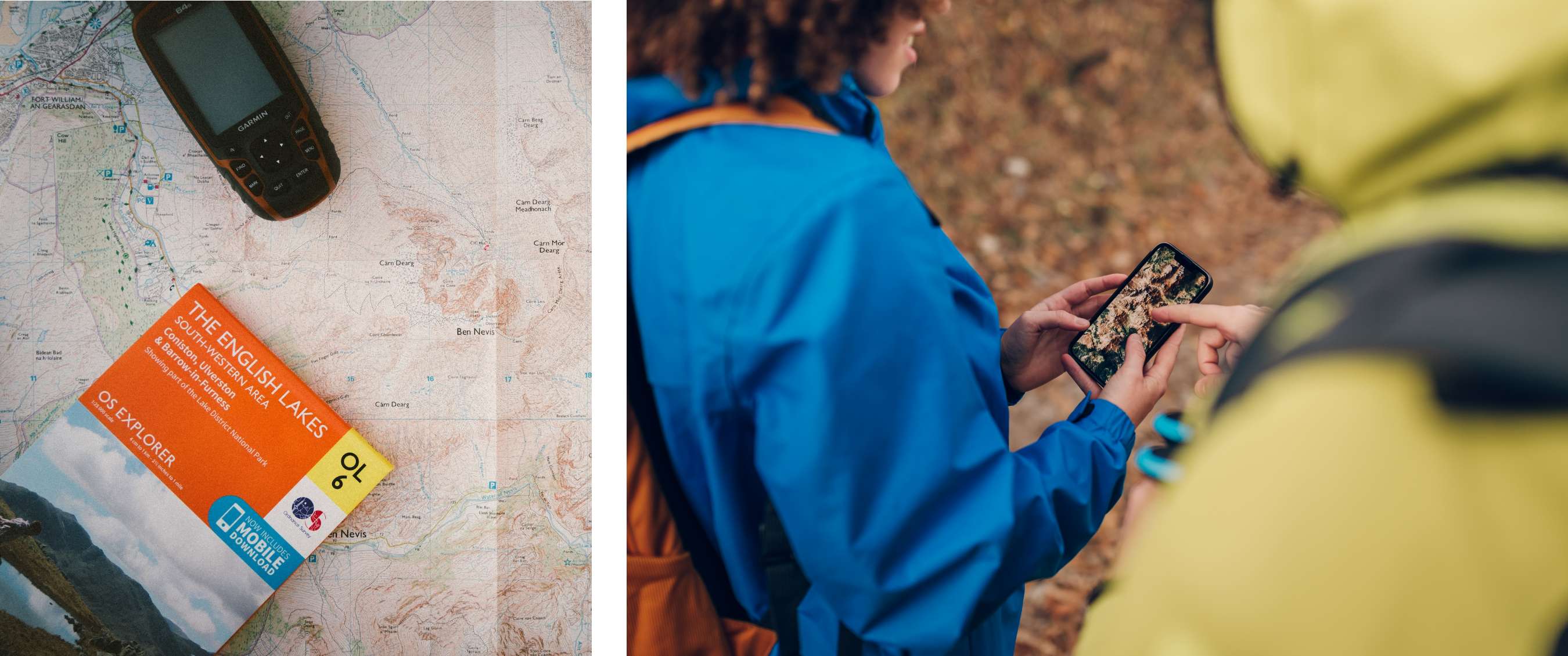Twee beelden: papieren kaart “The English Lakes” met gps-toestel en OS Explorer OL 6, en wandelaars die smartphone met kaart raadplegen