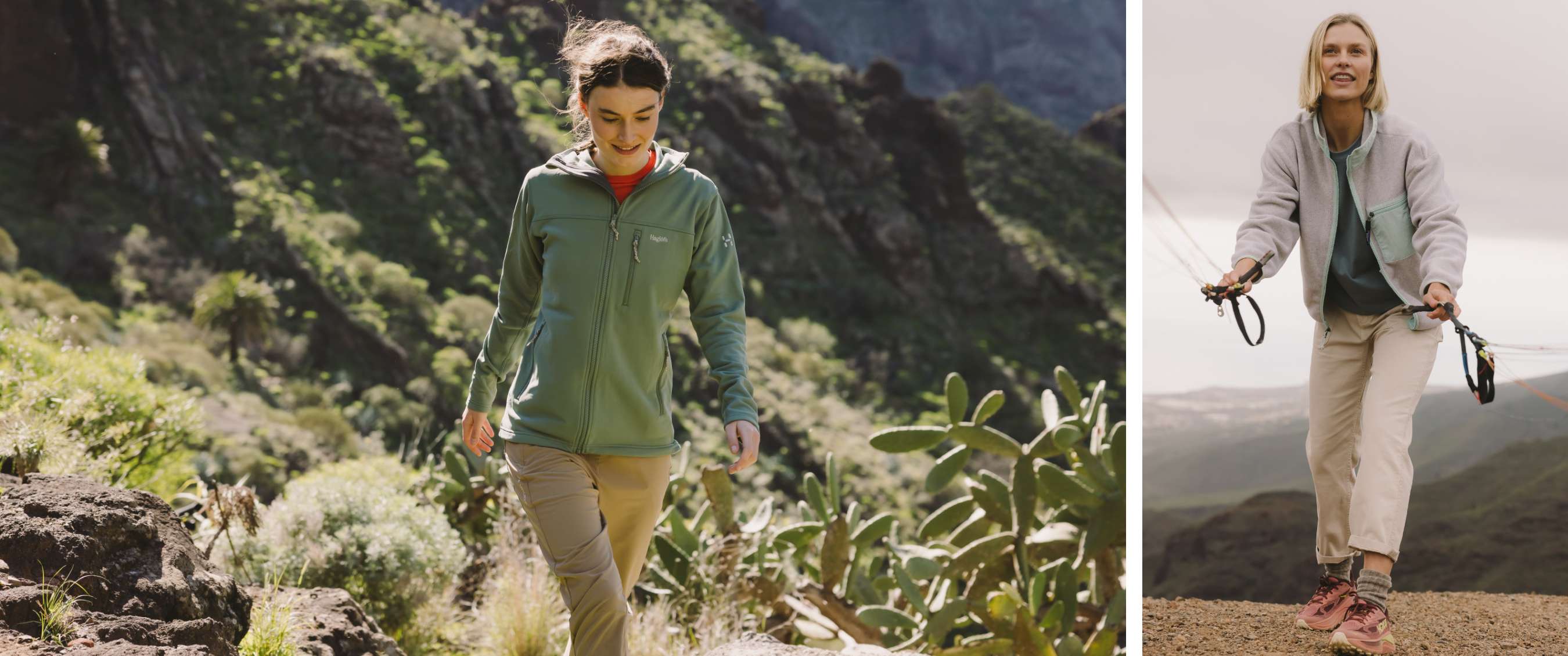 Twee beelden: wandelaar in groene jas en beige broek in een berglandschap; vrouw in outdooroutfit stapt omhoog op een rotsachtig pad