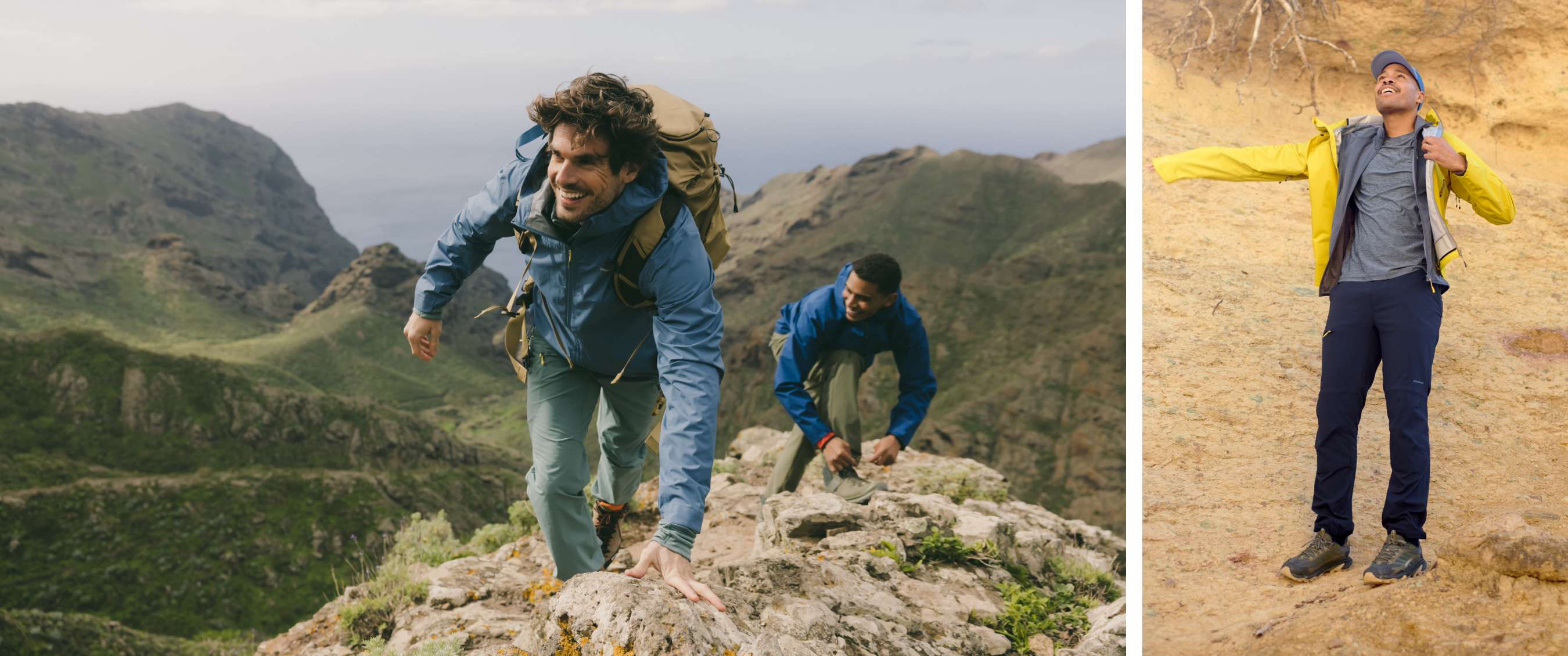 Twee beelden: twee hikers in berglandschap; man in gele jas poseert op een zandkleurige helling