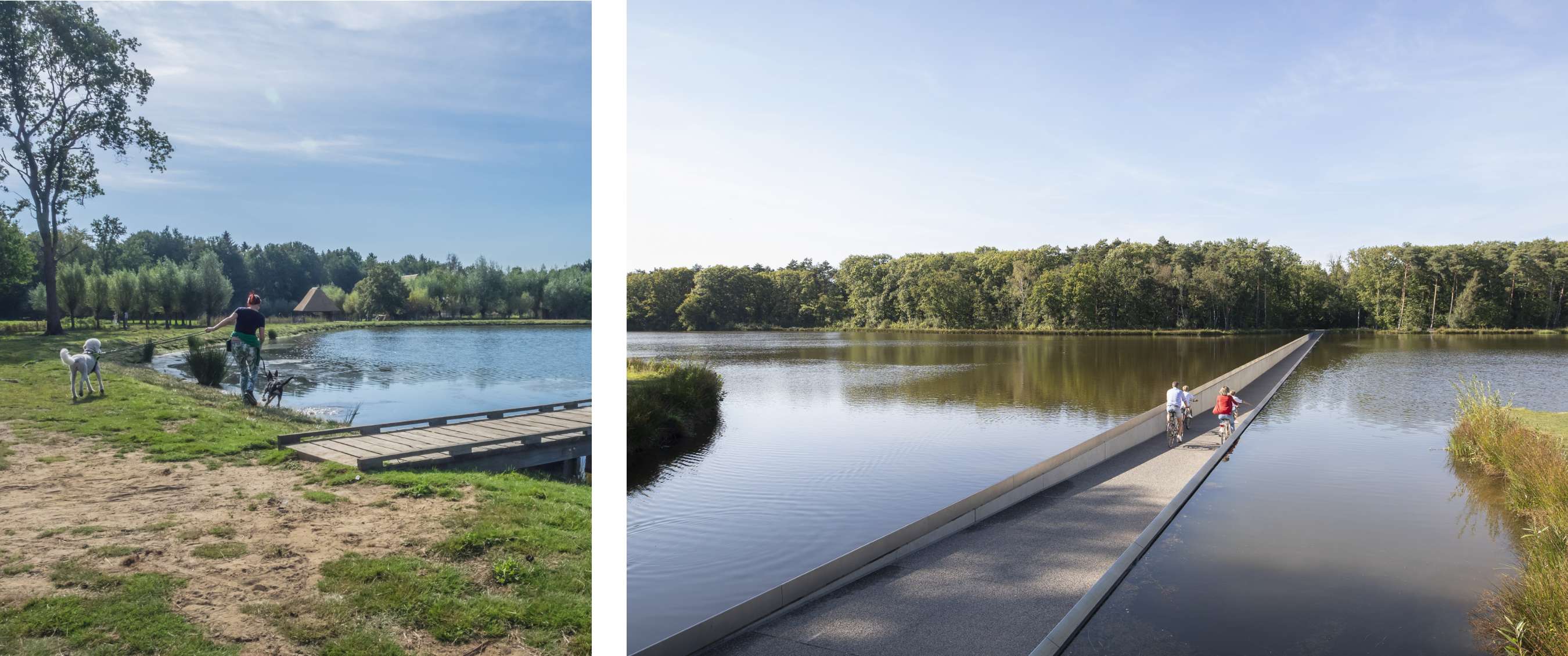 Twee beelden: wandelaar met honden bij het water; twee fietsers op een lange brug over een meer.