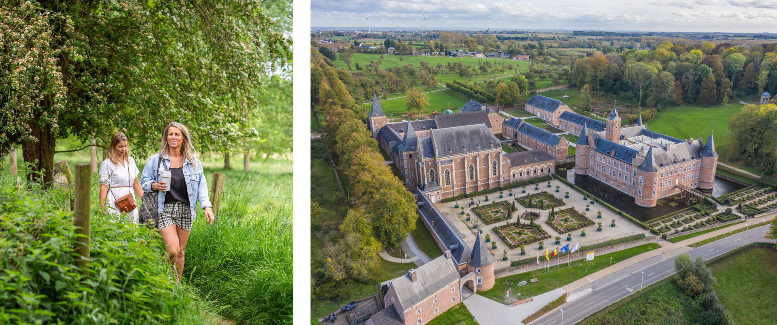 Twee beelden: twee wandelaars op een groen pad; luchtbeeld van een groot gebouwencomplex met binnenplaats.