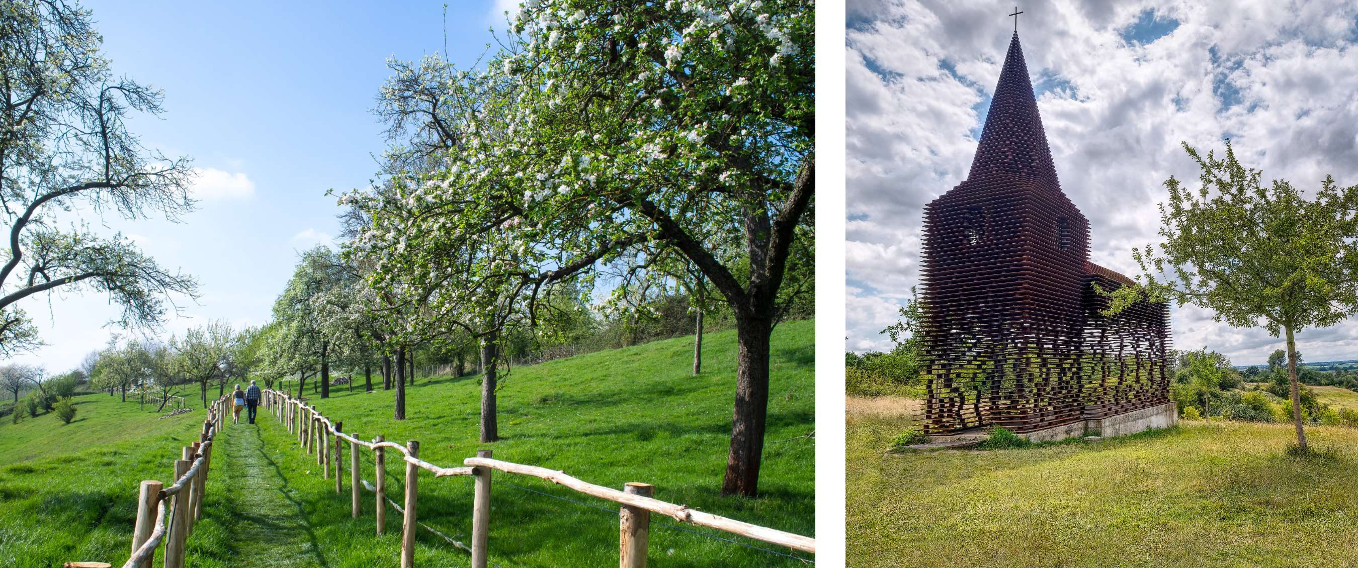 Twee beelden: wandelpad langs bloeiende bomen; houten gebouw met torenspits en kruis.