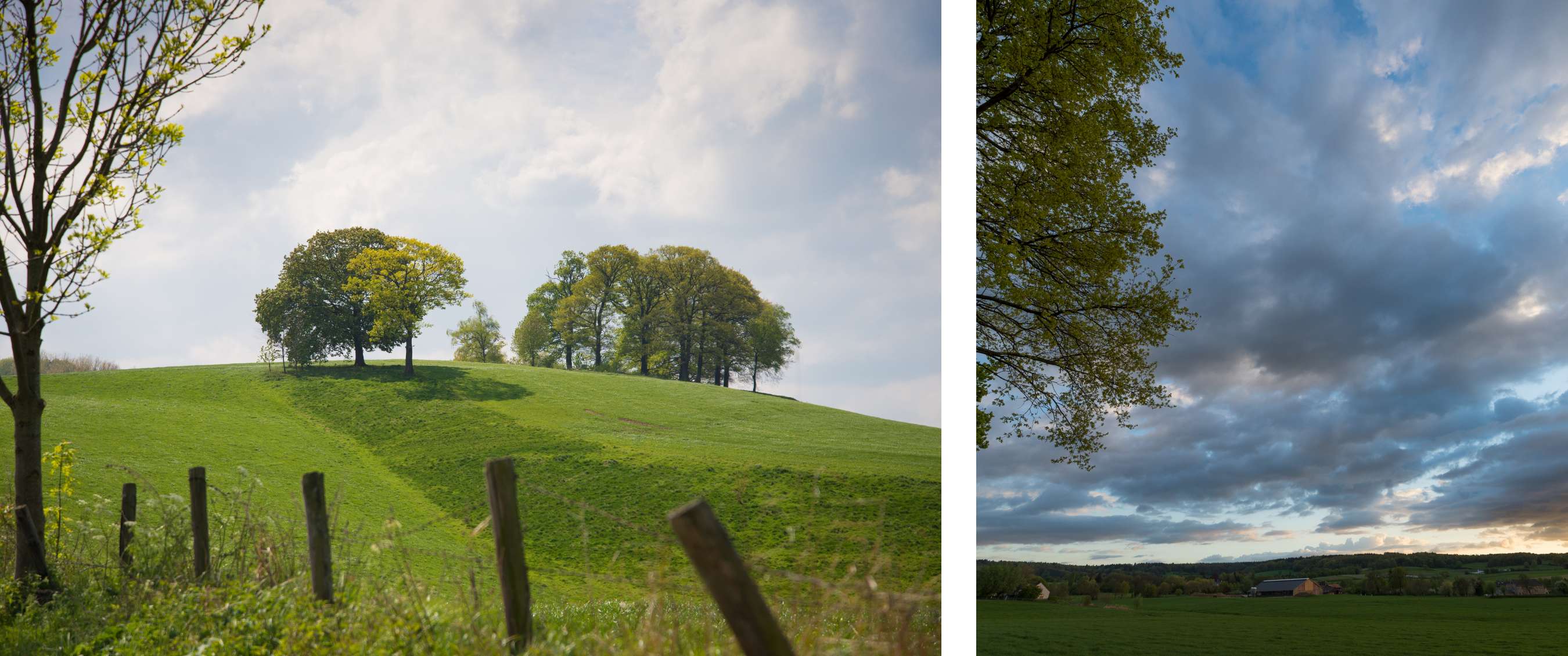 Twee beelden: heuvelweide met bomen; panoramisch uitzicht op velden en wolkenlucht.