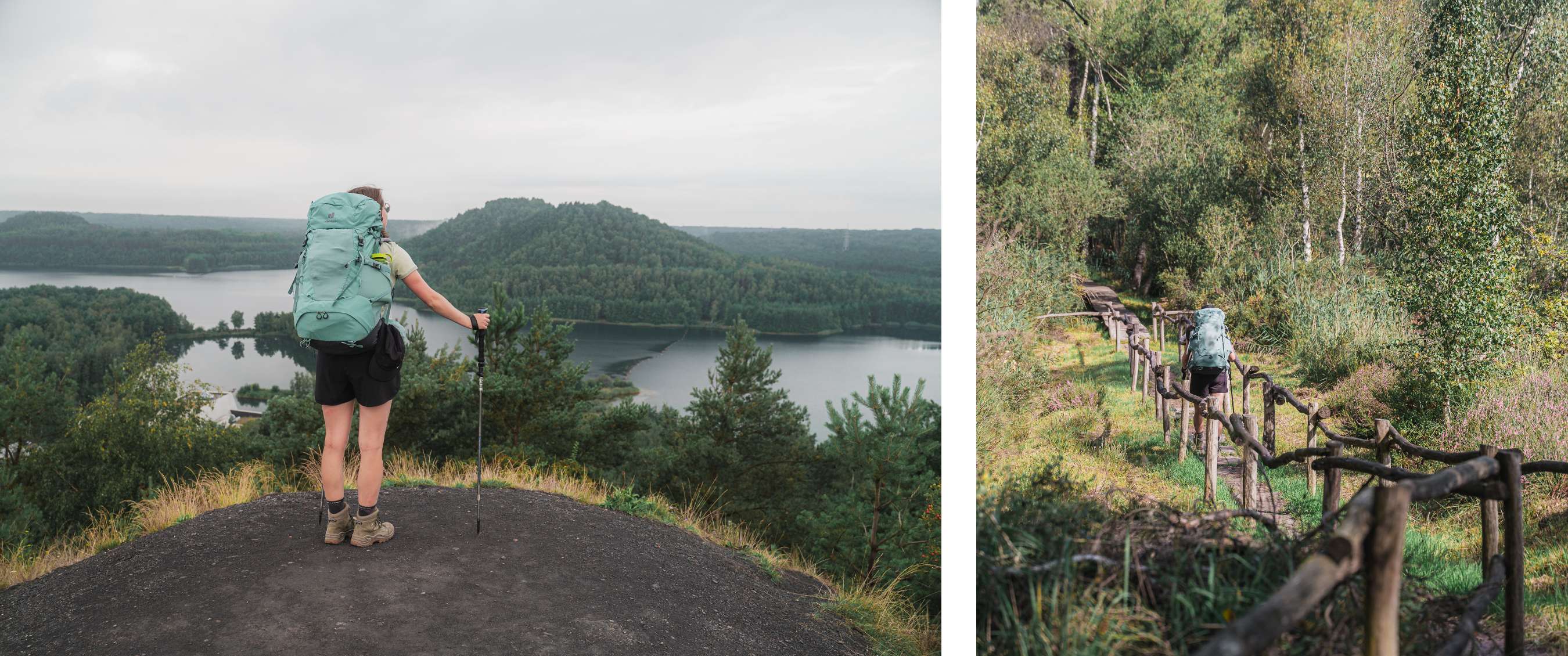 Twee beelden: wandelaar met rugzak bij uitzicht over water; wandelaar op smal pad met houten leuning.