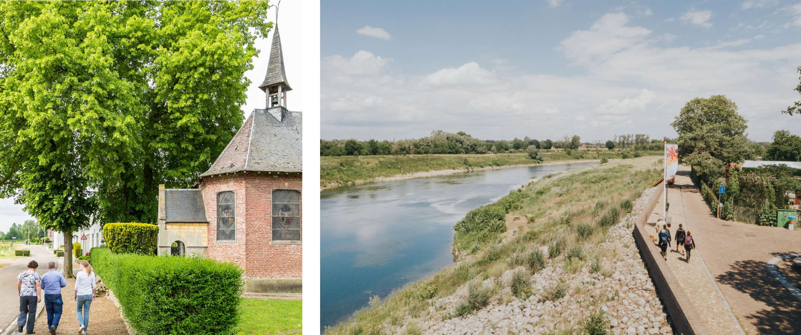 Twee beelden: drie wandelaars langs een kapel; wandelaars op een pad langs een brede rivier.
