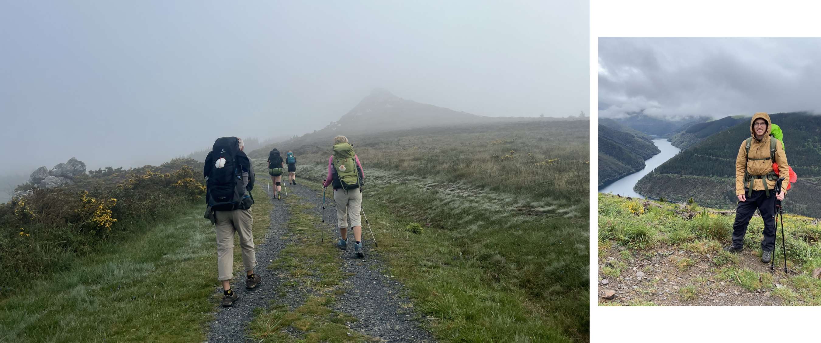 Twee beelden: wandelaars met rugzak in mistig berglandschap en wandelaar bij uitzichtpunt.