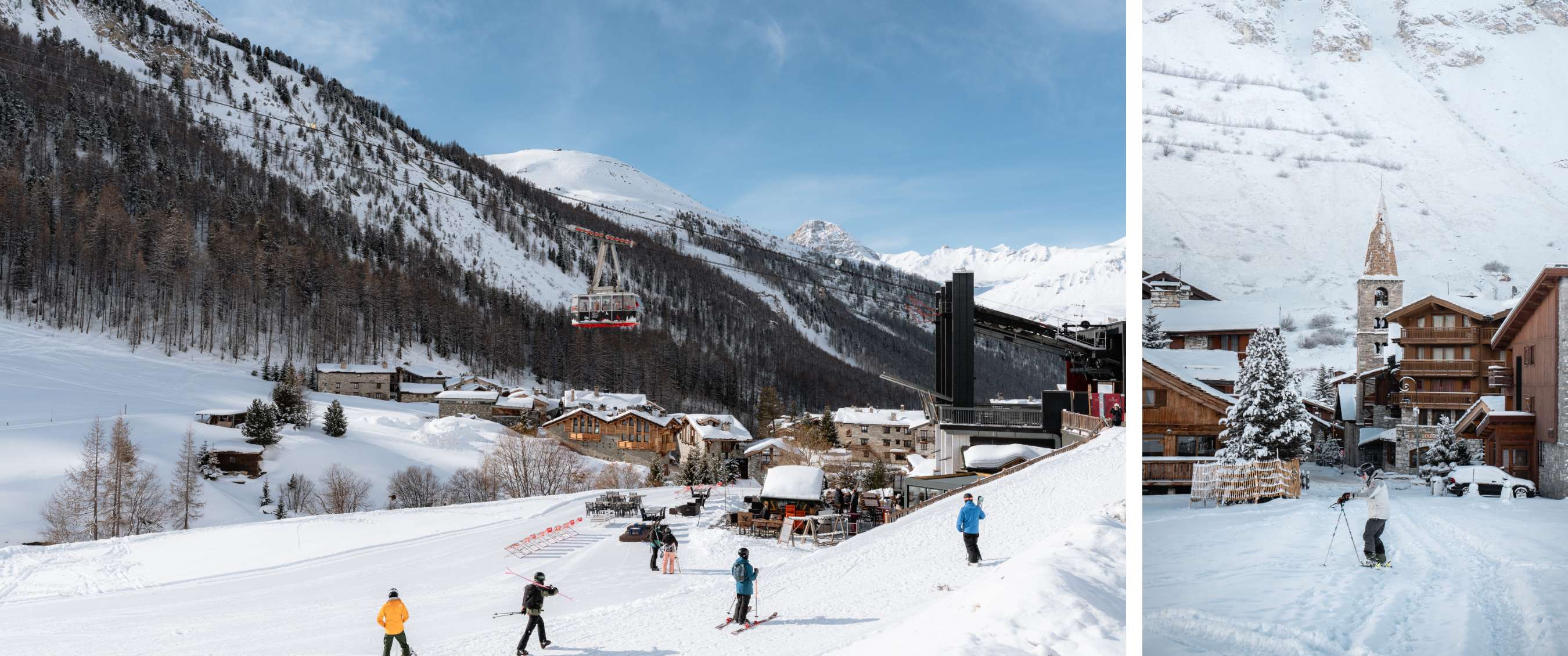 Twee beelden: skipiste met kabelbaan en chalets; skiër in een besneeuwd dorp bij een kerk.