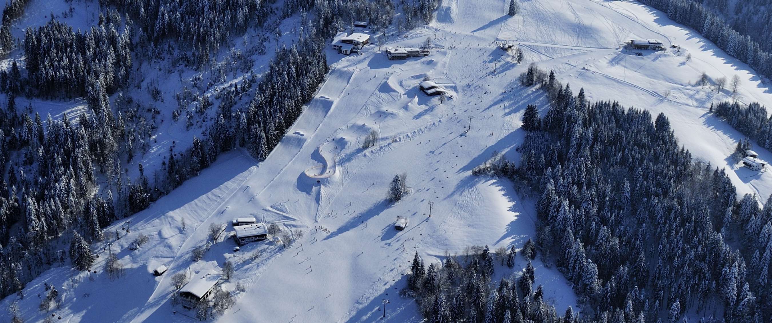 Bovenaanzicht van besneeuwde skipistes met chalets tussen naaldbossen.