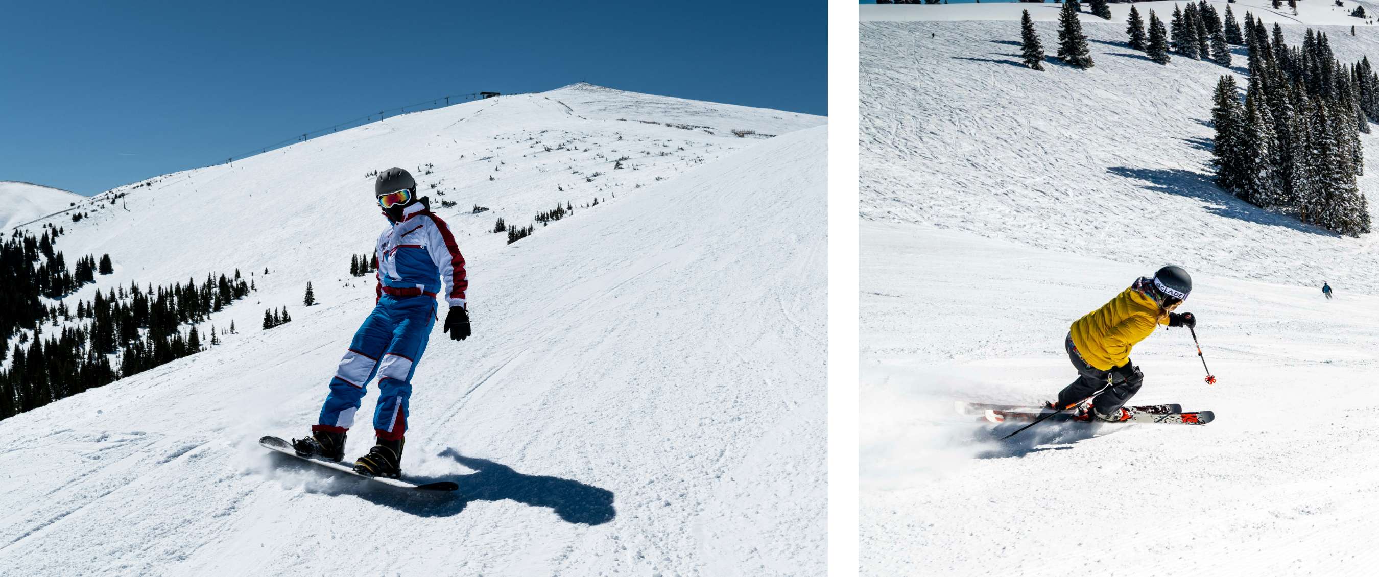 Twee beelden: snowboarder daalt af op besneeuwde skipiste; skiër maakt bocht op besneeuwde helling