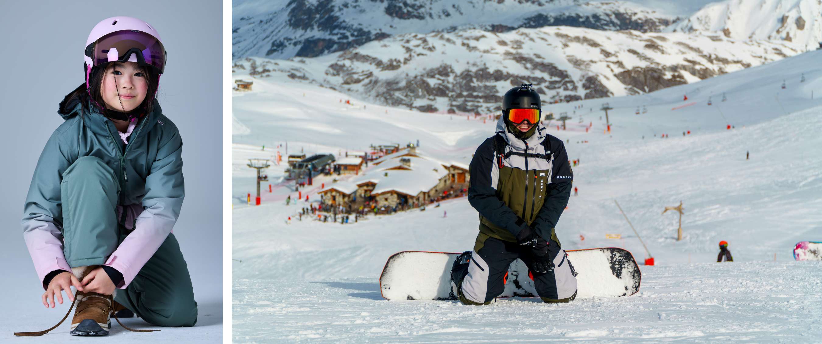 Snowboarder met helm en skibril poseert op een besneeuwde piste met bergen op de achtergrond.