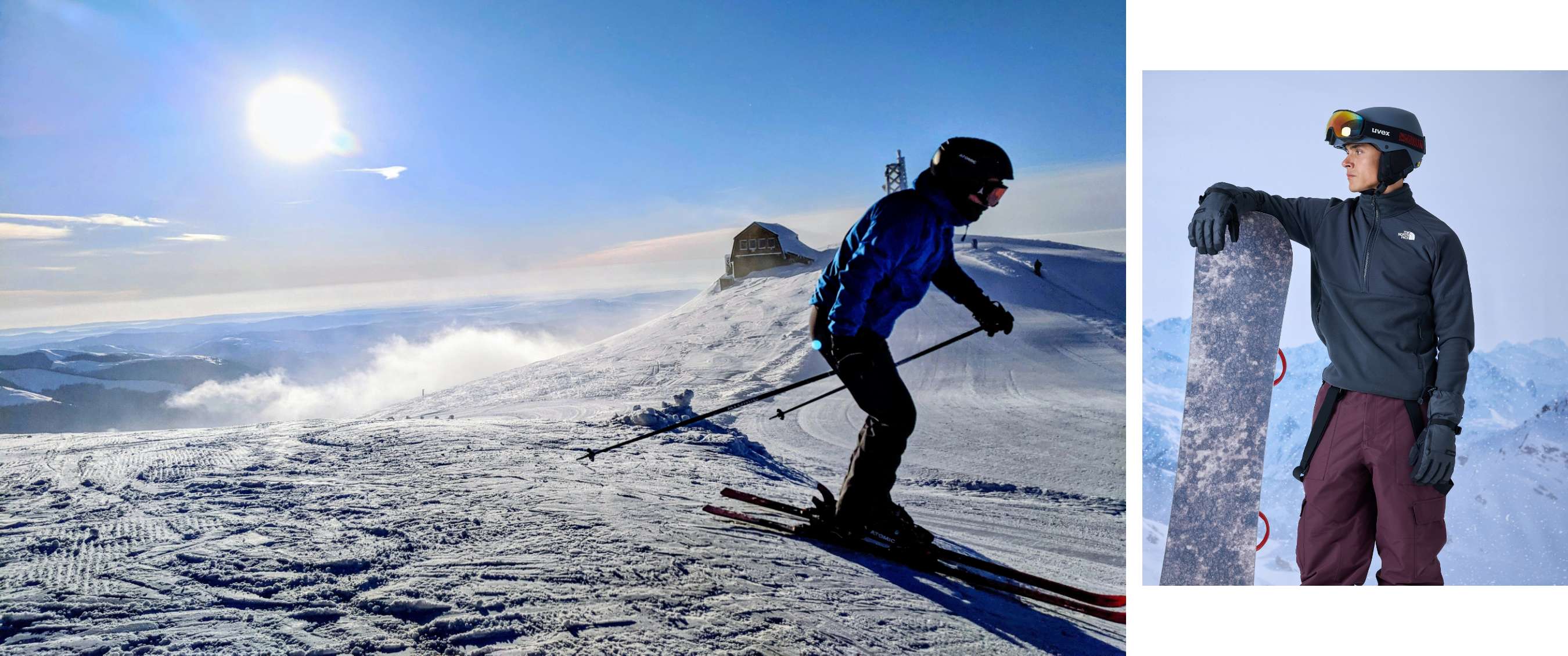 Skiër met zwarte helm en blauwe jas daalt af over een besneeuwde piste onder een heldere hemel.