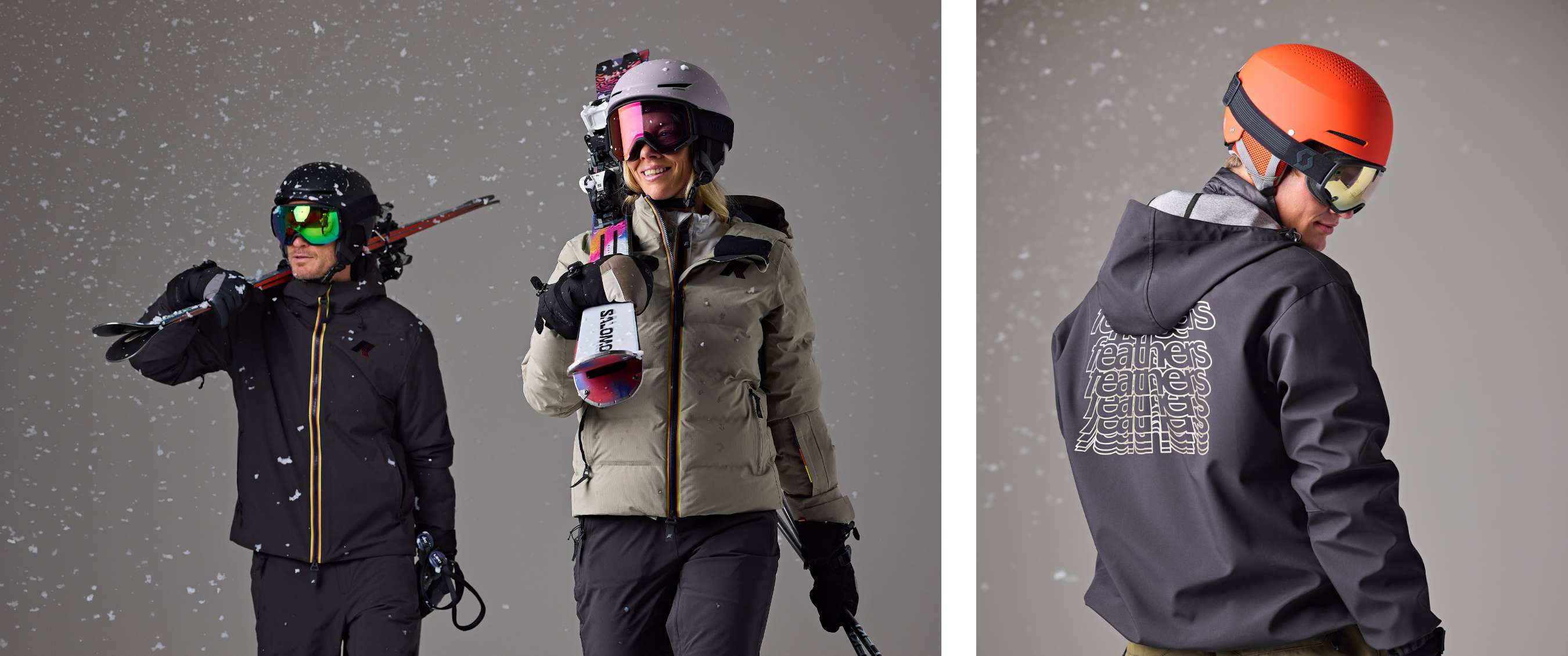 Twee beelden: Twee personen lopen met ski’s over de schouder. Persoon draagt skihelm en hoodie, gezien van achteren.