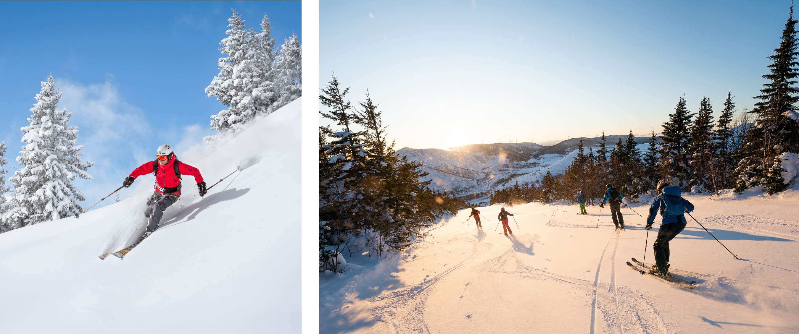 Twee beelden: skiër in rode jas skiet door diepe sneeuw op een steile helling; groep skiërs daalt af op een brede skipiste met besneeuwde bomen en ondergaande zon.