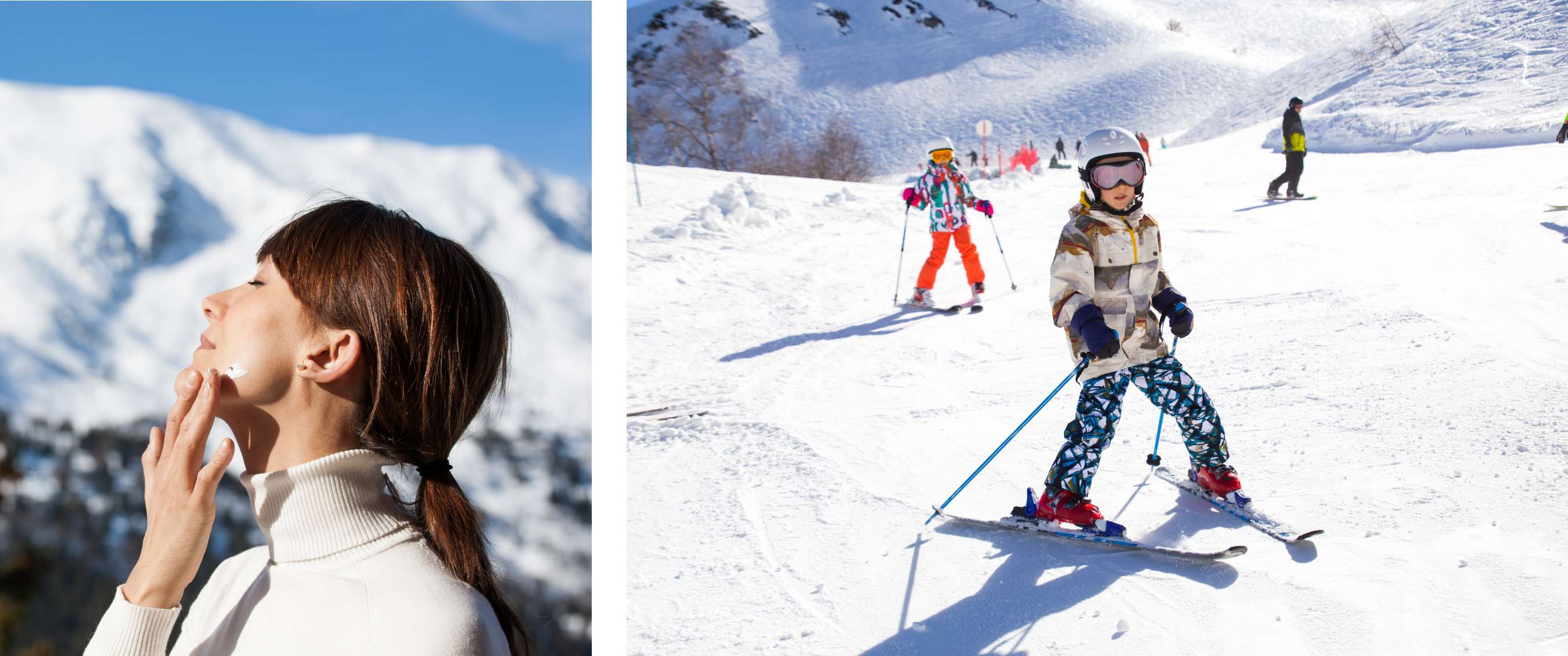 Twee beelden: vrouw in winterkleding smeert crème op haar wang met bergen op de achtergrond; kinderen op ski’s dalen rustig af op een brede piste.