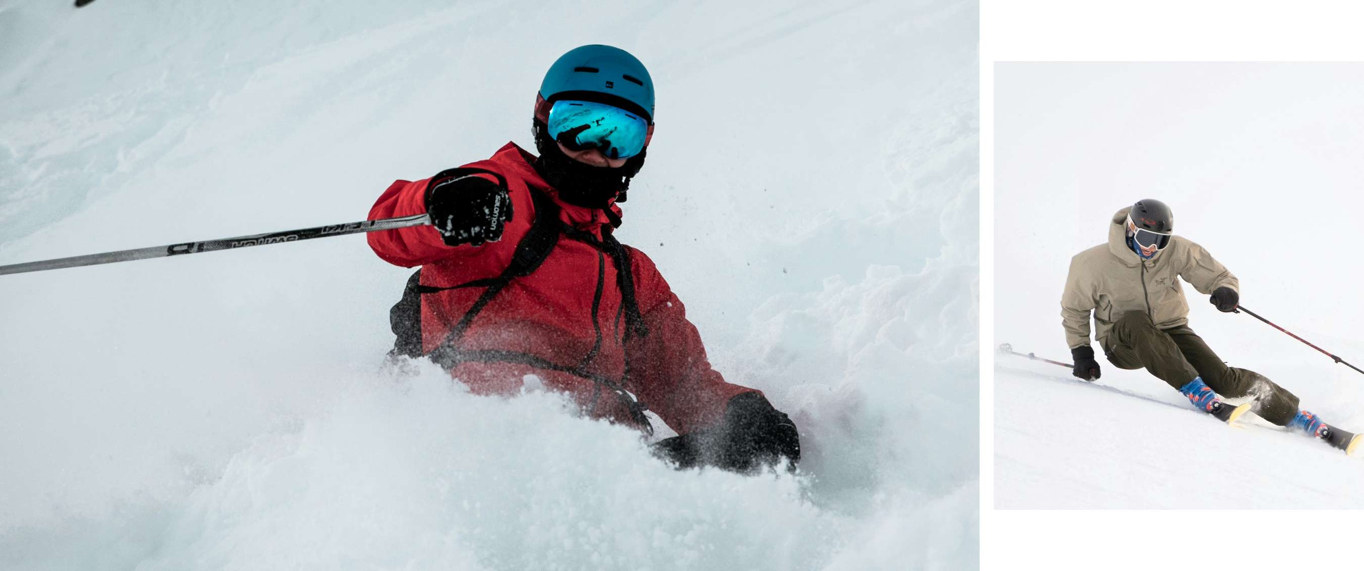 Een skiër met spiegelende skibril en zwarte handschoenen houdt een skistok vast in opspattende sneeuw.