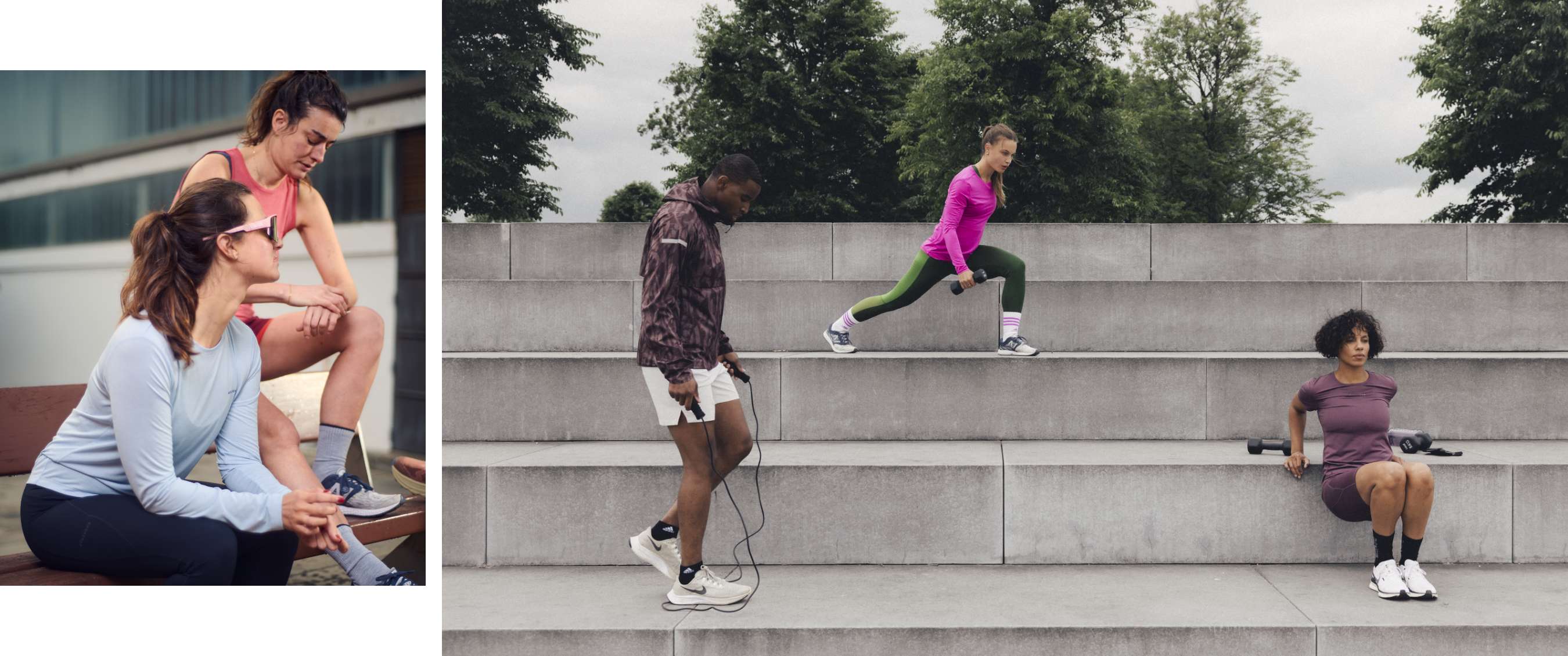 Twee beelden: hardlopers op trappen en sporters doen krachtoefeningen buiten.